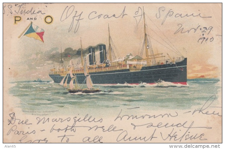 P &amp; O Steamship Line, SS India 'Off Coast Of Spain' Ocean Liner Ship, C1900s Vintage Postcard - Steamers