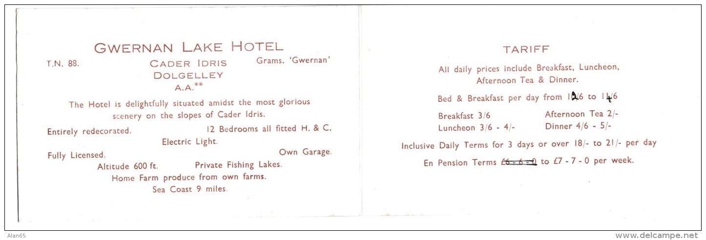 Wales UK Hotel Advertisement, Gwernan Lake Cader Idris Dolgelley, C1960s Vintage Card - Advertising