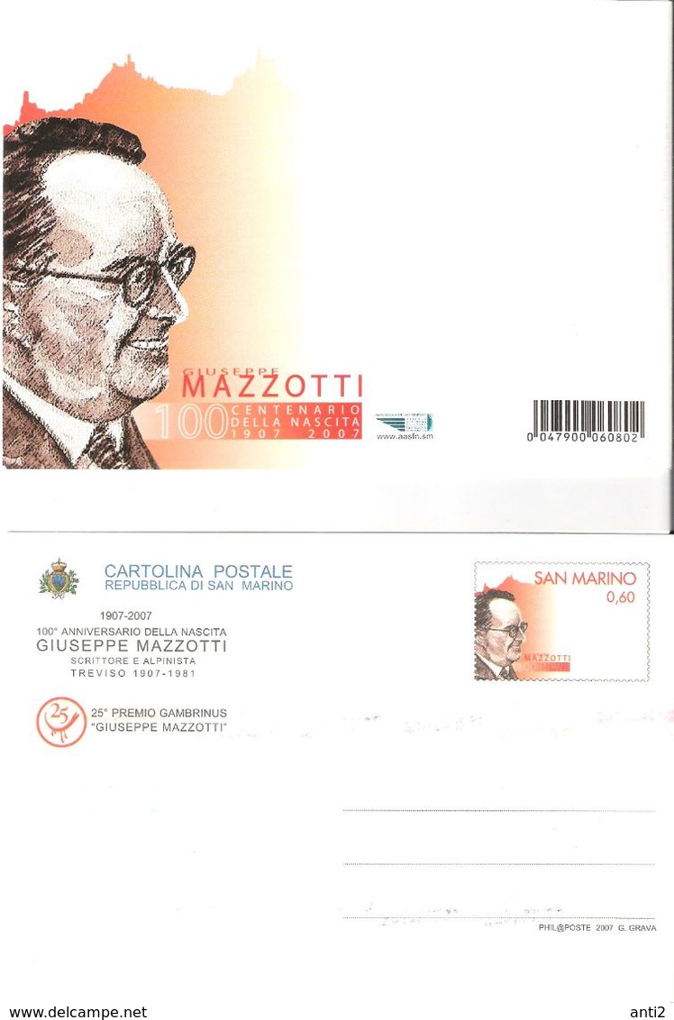 San Mariono 2007 100th Anniversary Giuseppa Mazzotti, Card With Imprinted Stamp - Cartas & Documentos