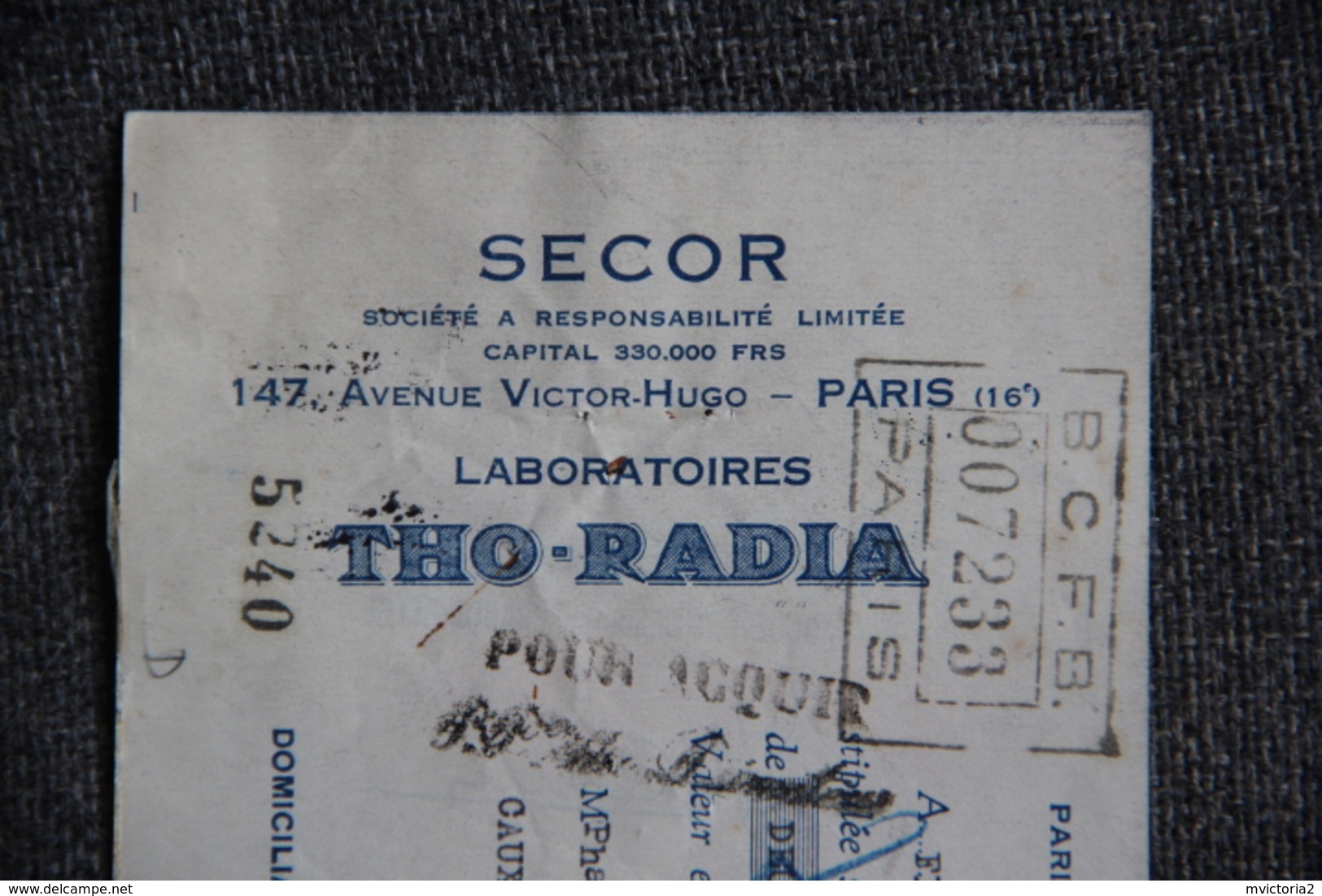 Lettre De Change - PARIS, SECOR, Laboratoires THO RADIA - Lettres De Change