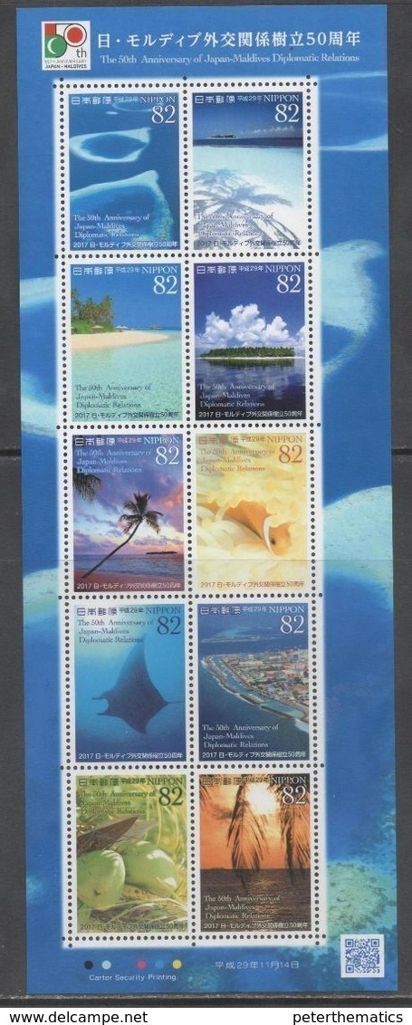 JAPAN ,2017, MNH, DIPLOMATIC RELATIONS WITH THE MALDIVES, FISH, STING RAYS, TREES, BEACHES, TREES,   SHEETLET - Poissons