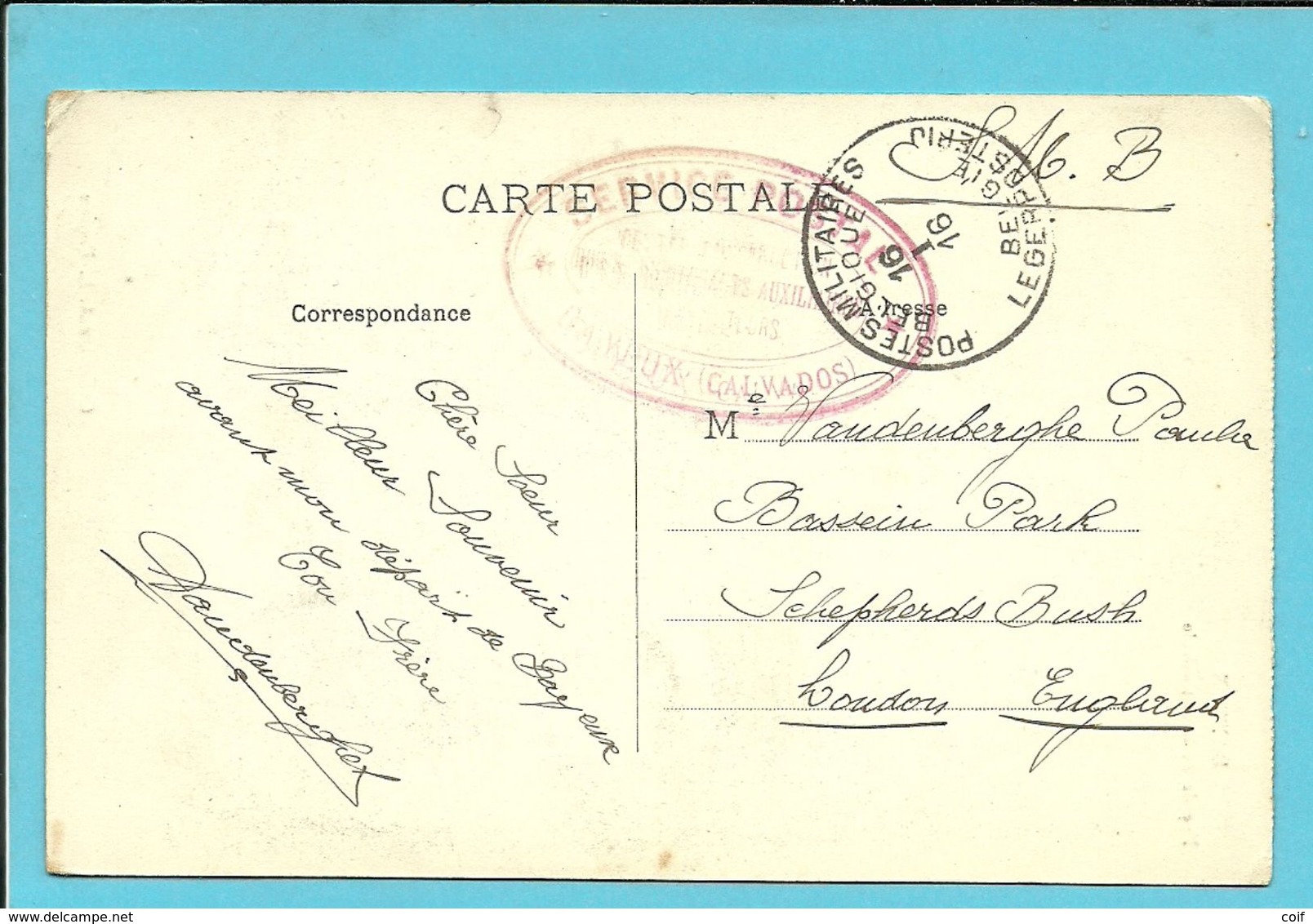 Kaart Met Stempel SERVICE POSTAL / CENTRE D'INSTRUCTION DES S/LUITENANTS AUXILIAIRES INSTRUCTEURS / BAYEUX (16/1/16) - Belgische Armee