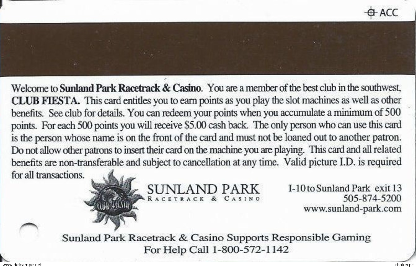 Sunland Park Casino NM - 4th Issue Slot Card - ACC Over Mag Stripe - Mentions Responsible Gaming - Casino Cards