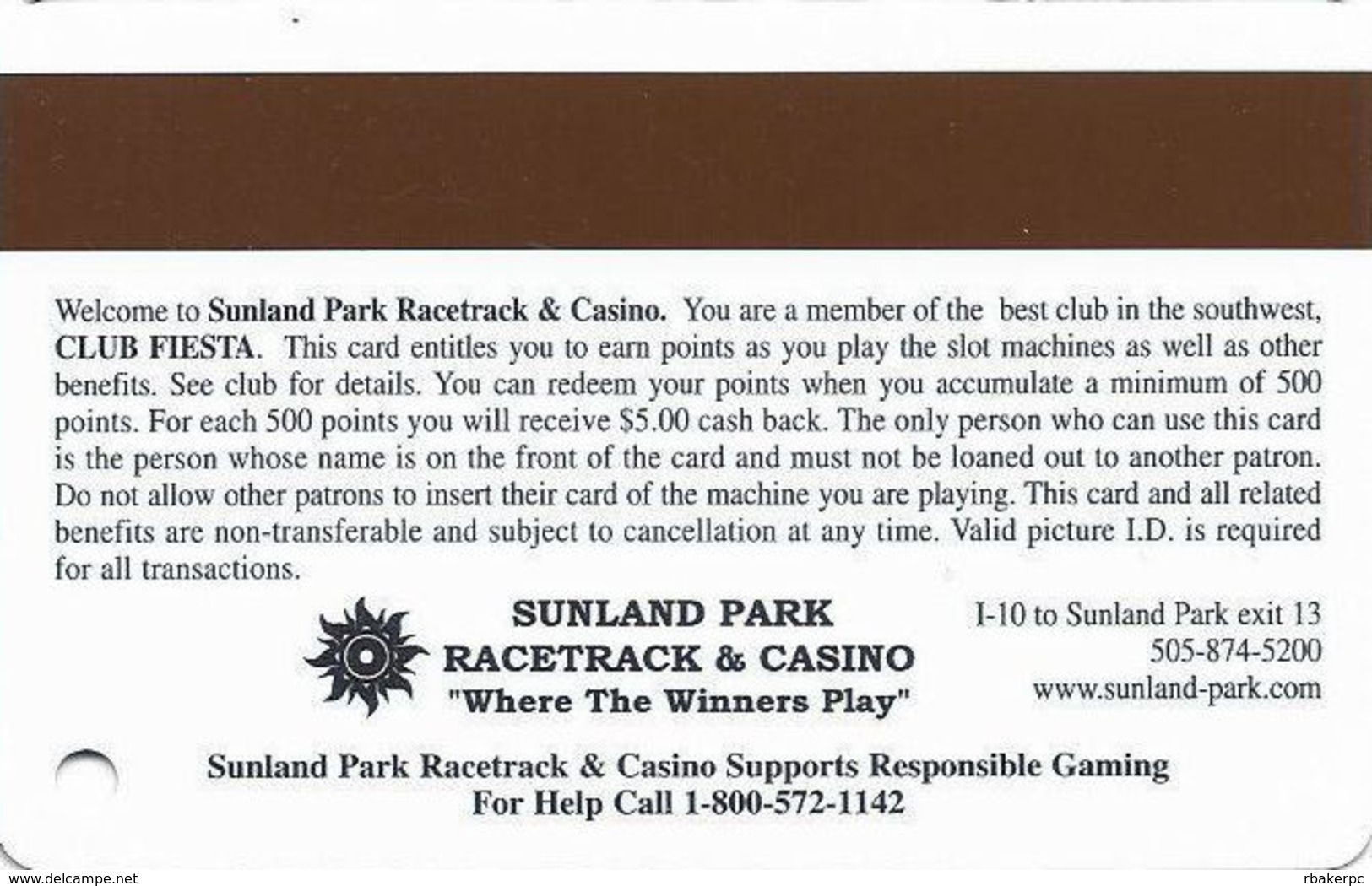 Sunland Park Casino NM - 5th Issue Slot Card - Casino Cards