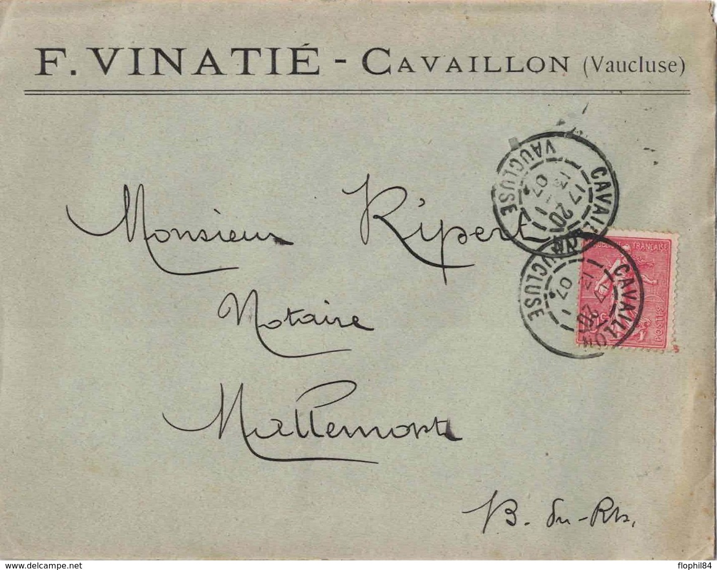 VAUCLUSE - CAVAILLON - MANUFACTURES DES BOITES METALLIQUES F.VINATIE - ENVELOPPE AVEC CORRESPONDANCE DU 13-1-1907. - Autres & Non Classés