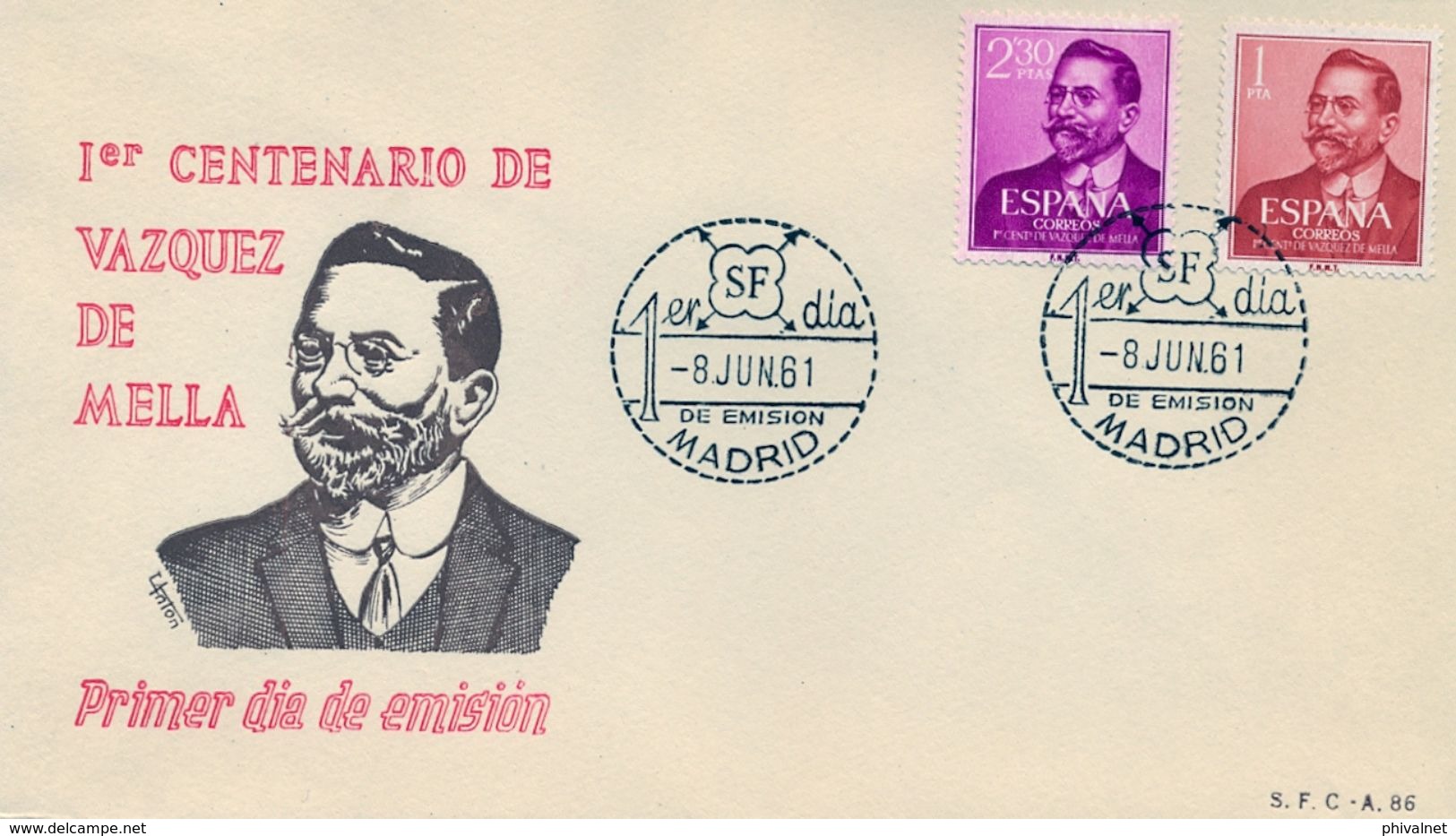 1961 , SOBRE DE PRIMER DIA , ED. 1351 / 1352 , VÁZQUEZ DE MELLA - FDC