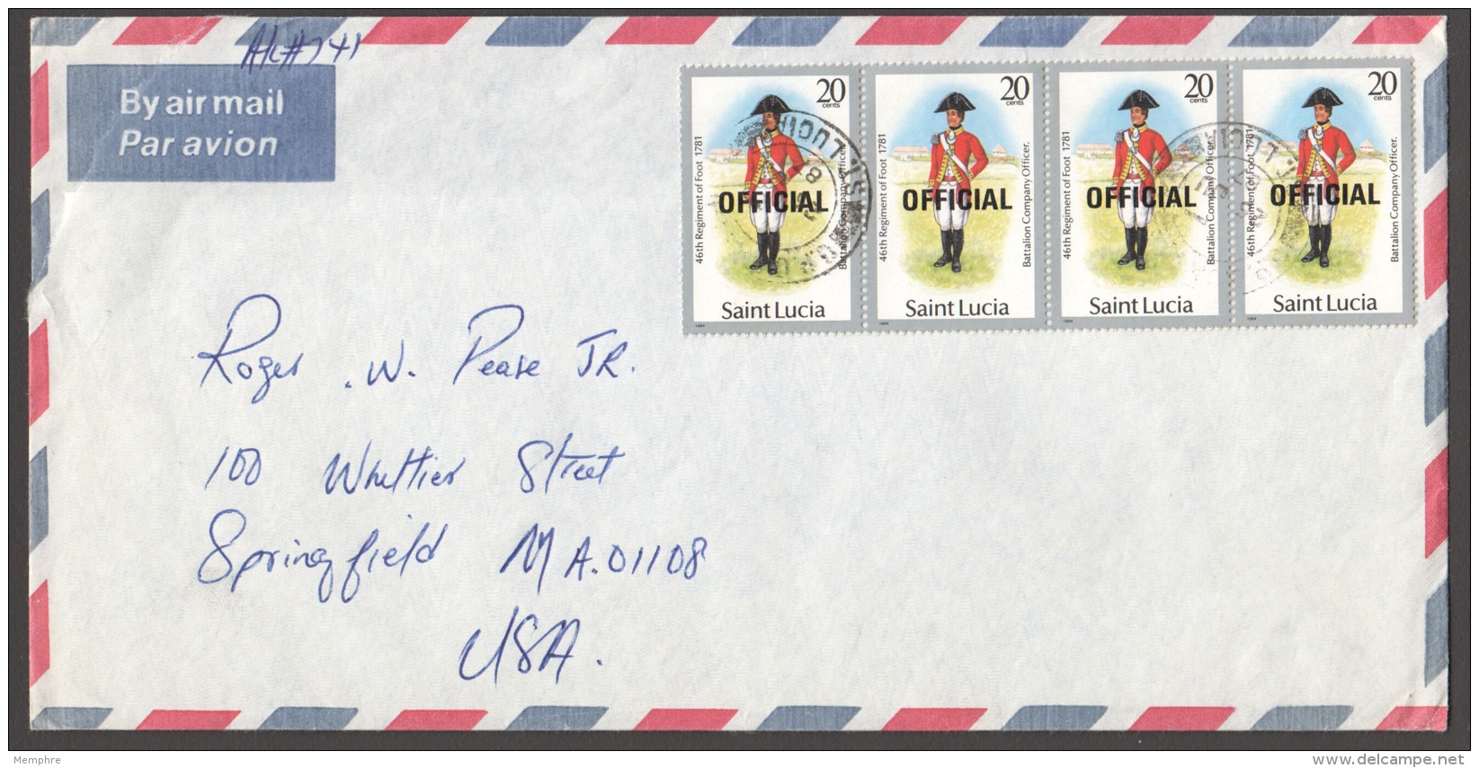 1987  Official Letter To USA  Uniforms 20cent X4 - St.Lucia (1979-...)