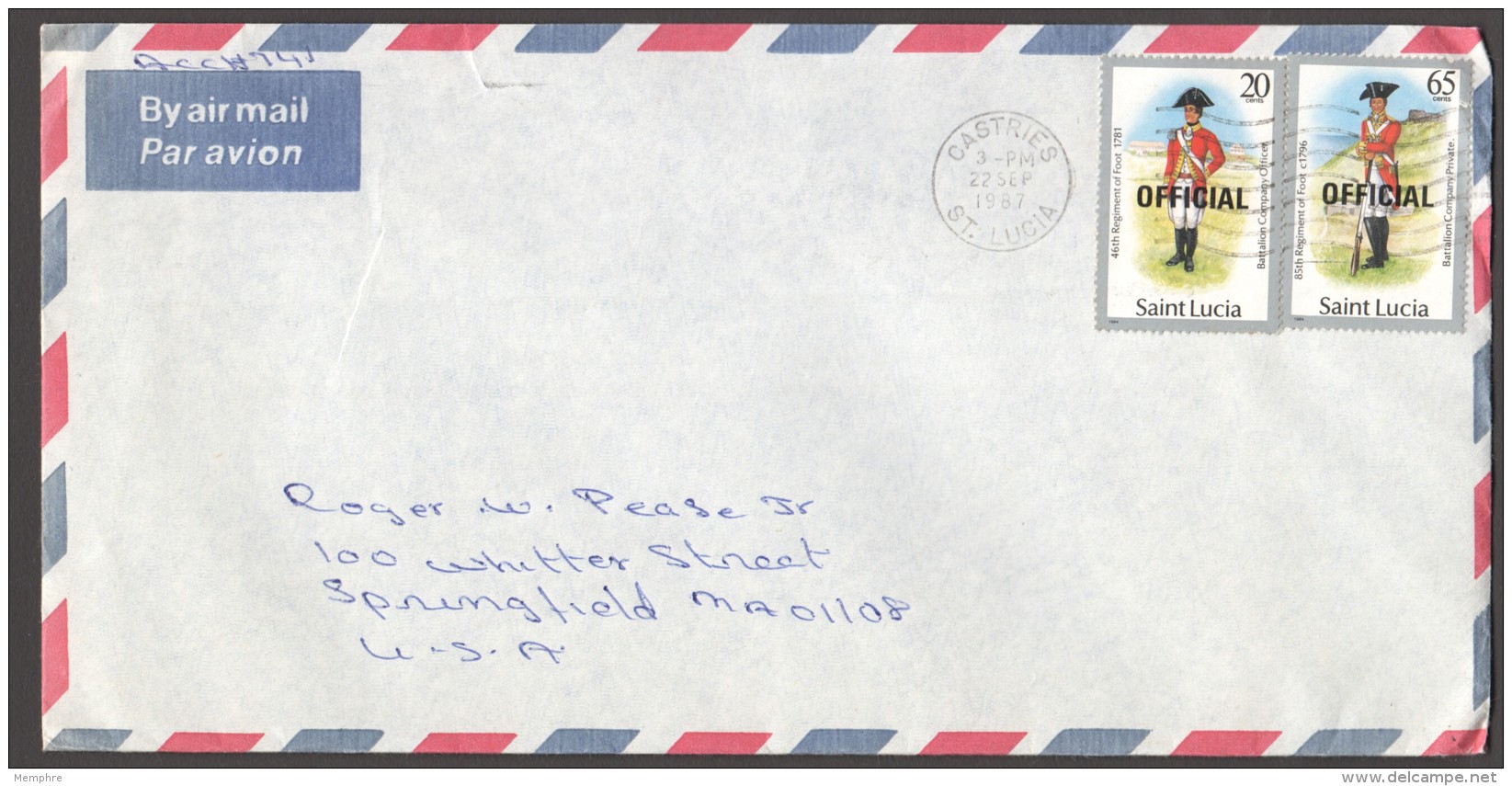 1987  Official Letter To USA  Uniforms 20 Cent, 65 Cent - St.Lucia (1979-...)