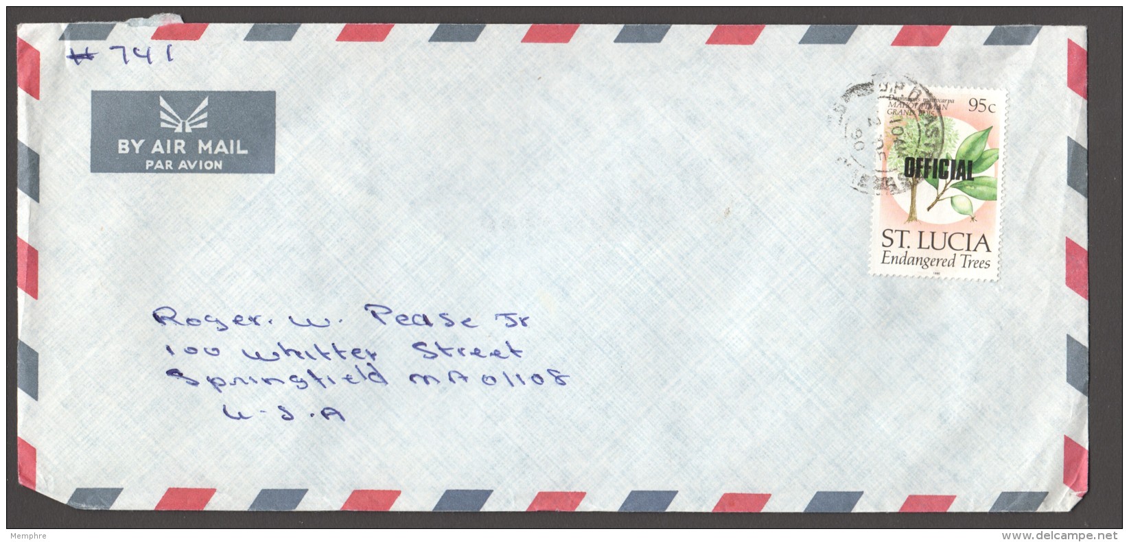 1990  Official Letter To USA   Endangered Trees 95 Cent - St.Lucia (1979-...)