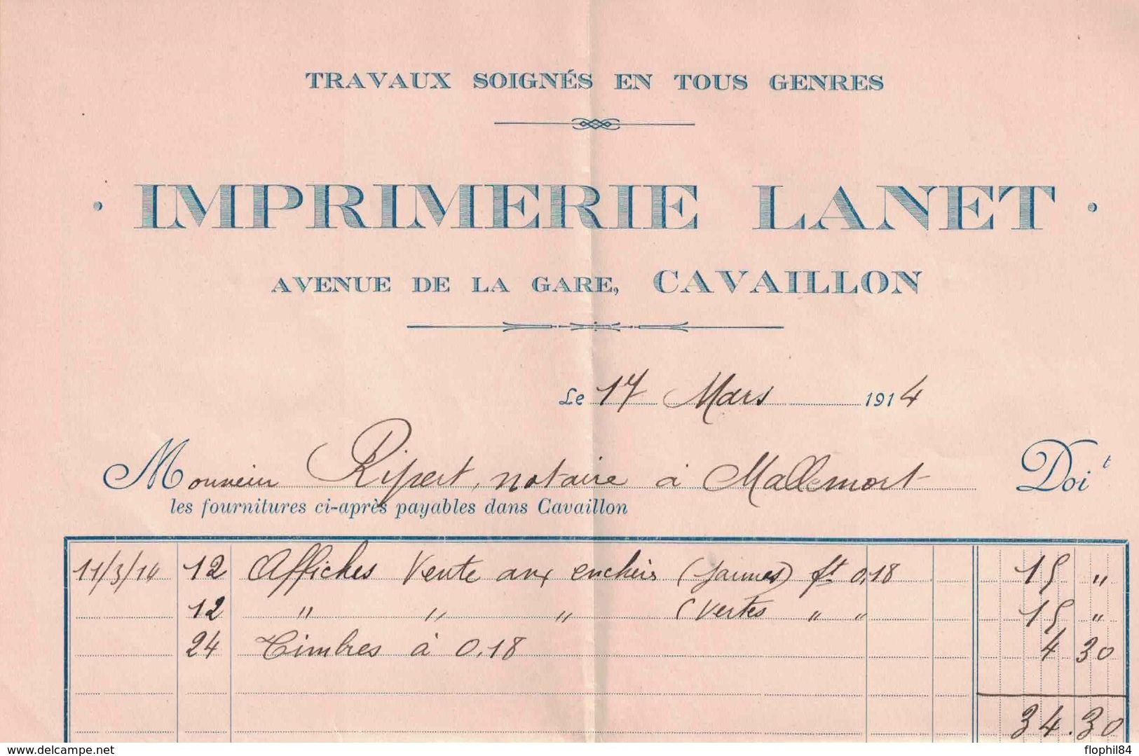 VAUCLUSE - CAVAILLON - IMPRIMERIE LANET AVENUE DE LA GARE - ENVELOPPE AVEC CORRESPONDANCE DU 18-3-1914. - Autres & Non Classés