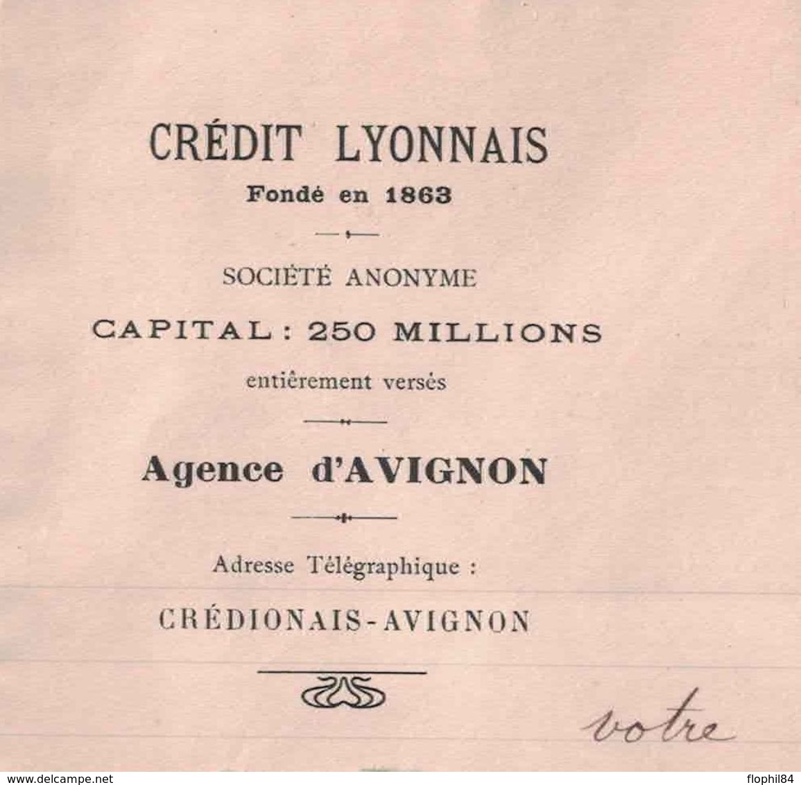 VAUCLUSE - AVIGNON - CREDIT LYONNAIS AGENCE D'AVIGNON - SEMEUSE PERFORATION CL - ENVELOPPE AVEC CORRESPONDANCE LE 25-11- - Banque & Assurance