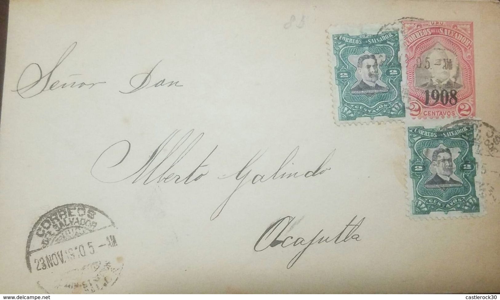 O) 1908 EL SALVADOR, PRES. FERNANDO FIGUEROA SCOTT A67 2 CENTAVOS - PEDRO JOSE ESCALON SCOTT A65 2 CENTAVOS SURCHARGE, P - El Salvador