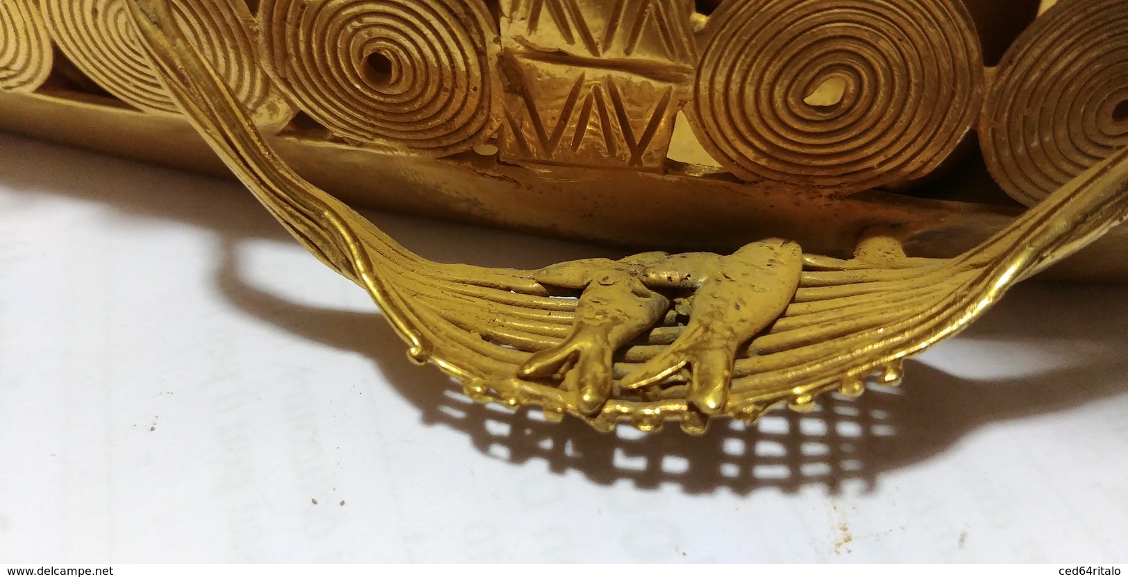 TAIRONA CULTURE, FISHING SCENE, PRECOLOMBIAN, LOST WAX, TUMBAGA, GOLD PLATED, SIERRA NEVADA, COLOMBIA, UNIQUE, 1017 g.