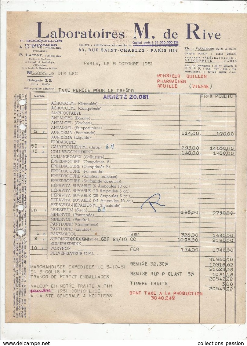 Facture , 1951 , Laboratoires M. De RIVE , Paris 15e - 1950 - ...