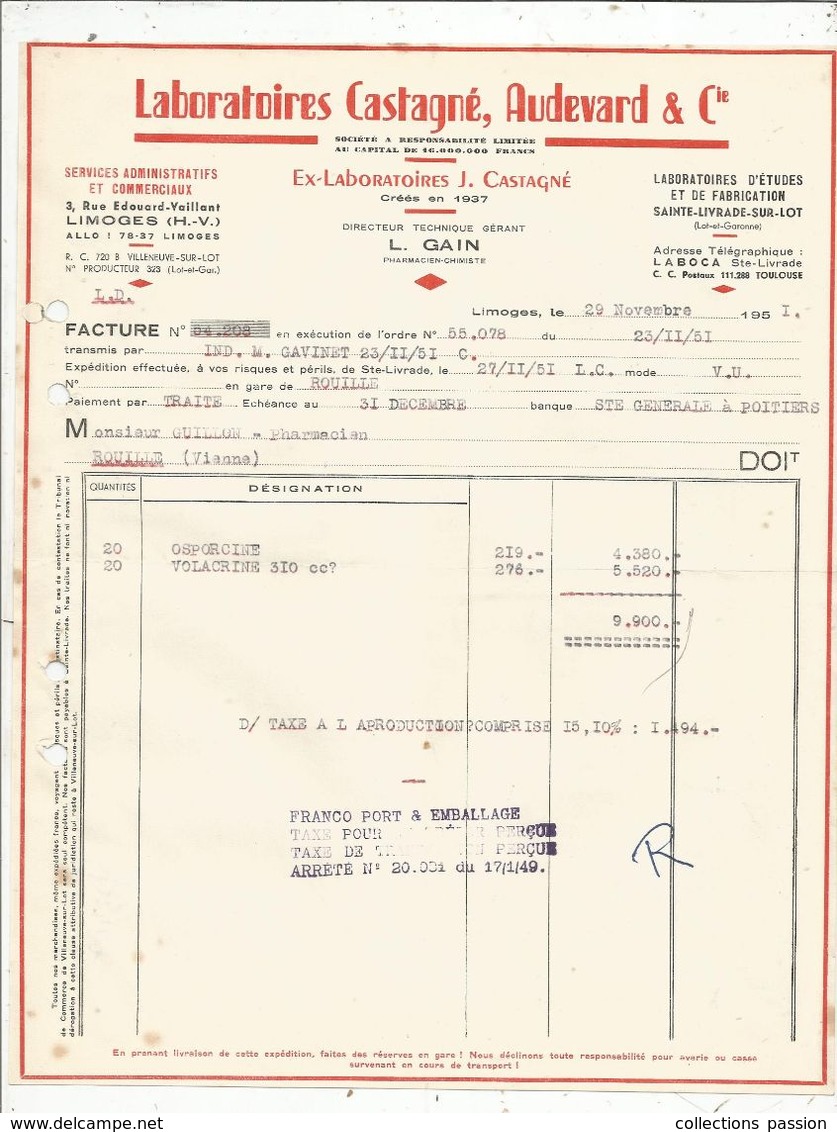 Facture D'avoir , 1951 ,laboratoires CASTAGNE , AUDEVARD & Cie , LIMOGES , Haute Vienne - 1950 - ...