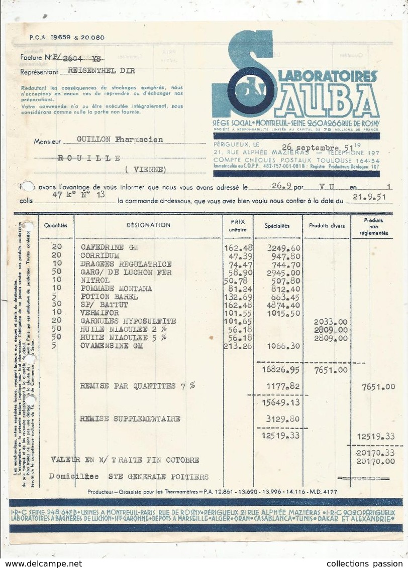 Facture D'avoir , 1951 , Laboratoires SAUBA , MONTREUIL SUR SEINE - 1950 - ...