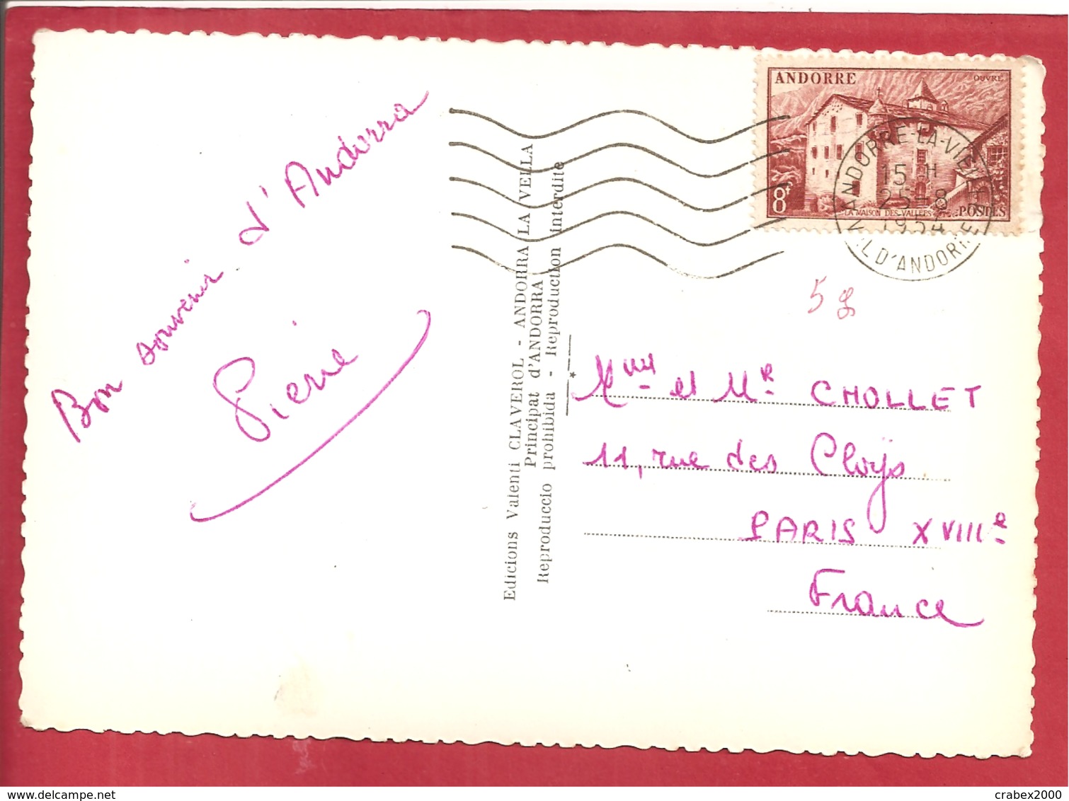 Y&T N°128 ANDORRE LA VIEILLE    Vers FRANCE 1954 2 SCANS - Lettres & Documents