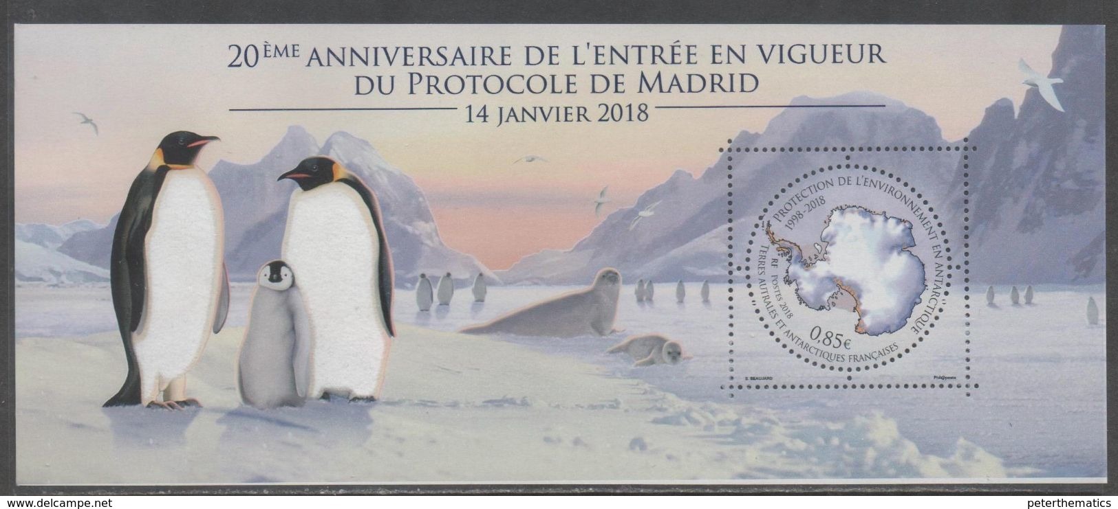 TAAF, FRENCH ANTARCTIC, 2018, MNH , BIRDS, PENGUINS, SEALS, MADRID PROTOCOL, S/SHEET - Pinguini