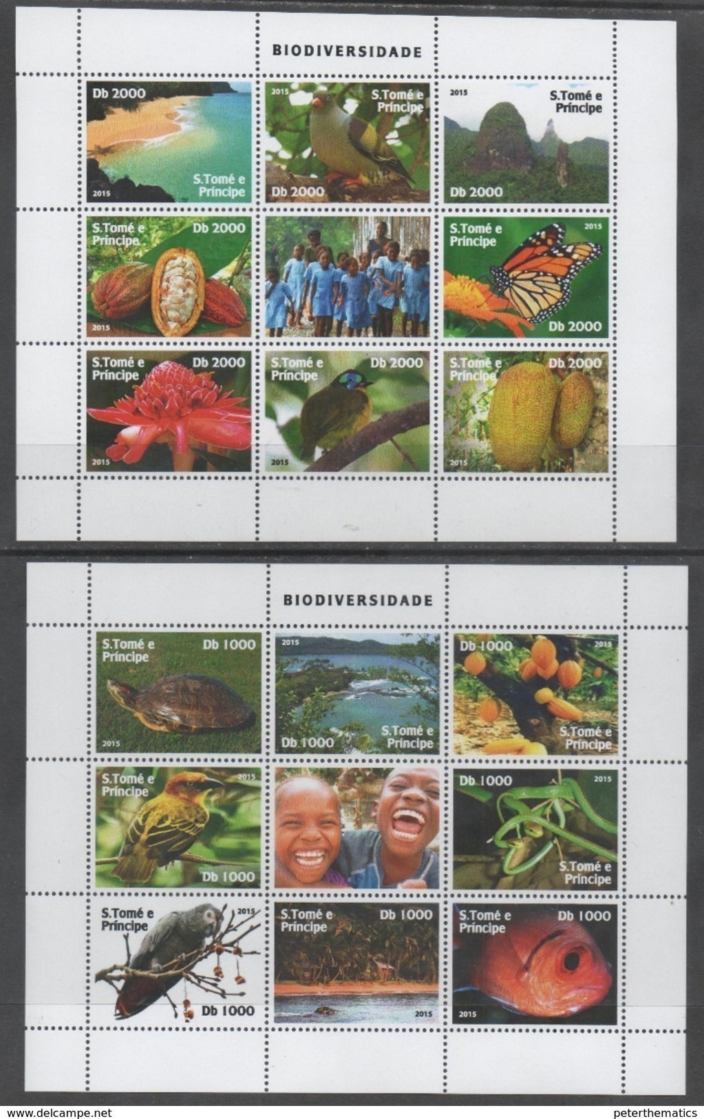 ST.THOMAS AND PRINCE,2015 ,MNH,BIODIVERSITY,  BIRDS, FISH, SNAKES, TURTLES, BUTTERFLIES, FRUIT, MOUNTAINS, 2 SLTS - Other & Unclassified