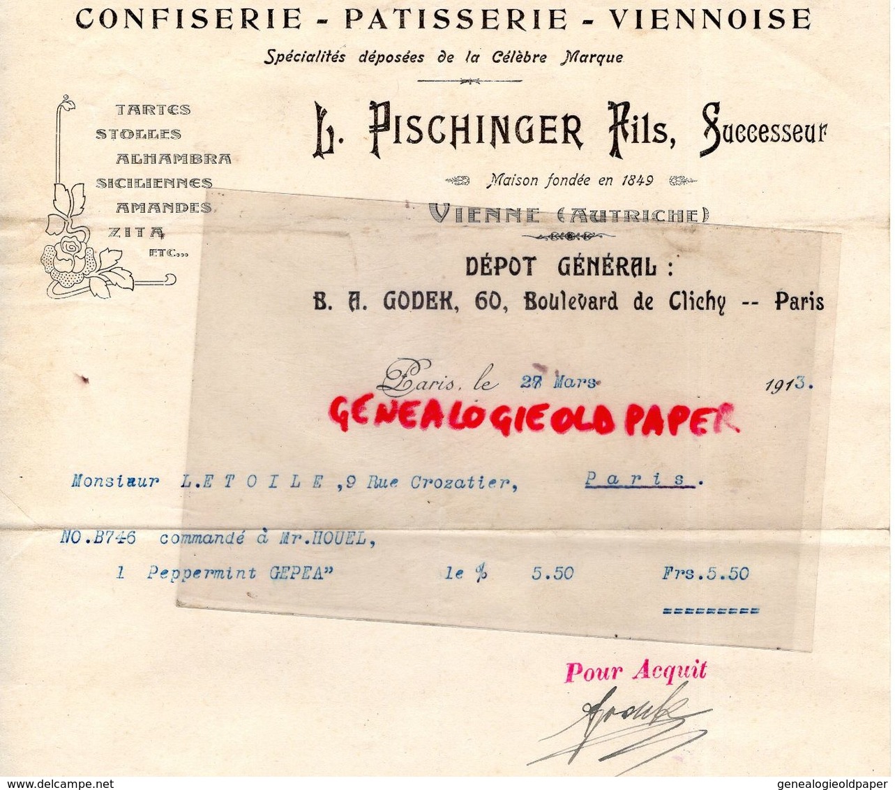 AUTRICHE- VIENNE- RARE LETTRE L. PISCHINGER FILS-CONFISERIE-PATISSERIE VIENNOISE-75- PARIS- B.A. GODEK-60 BD CLICHY-1913 - Autriche