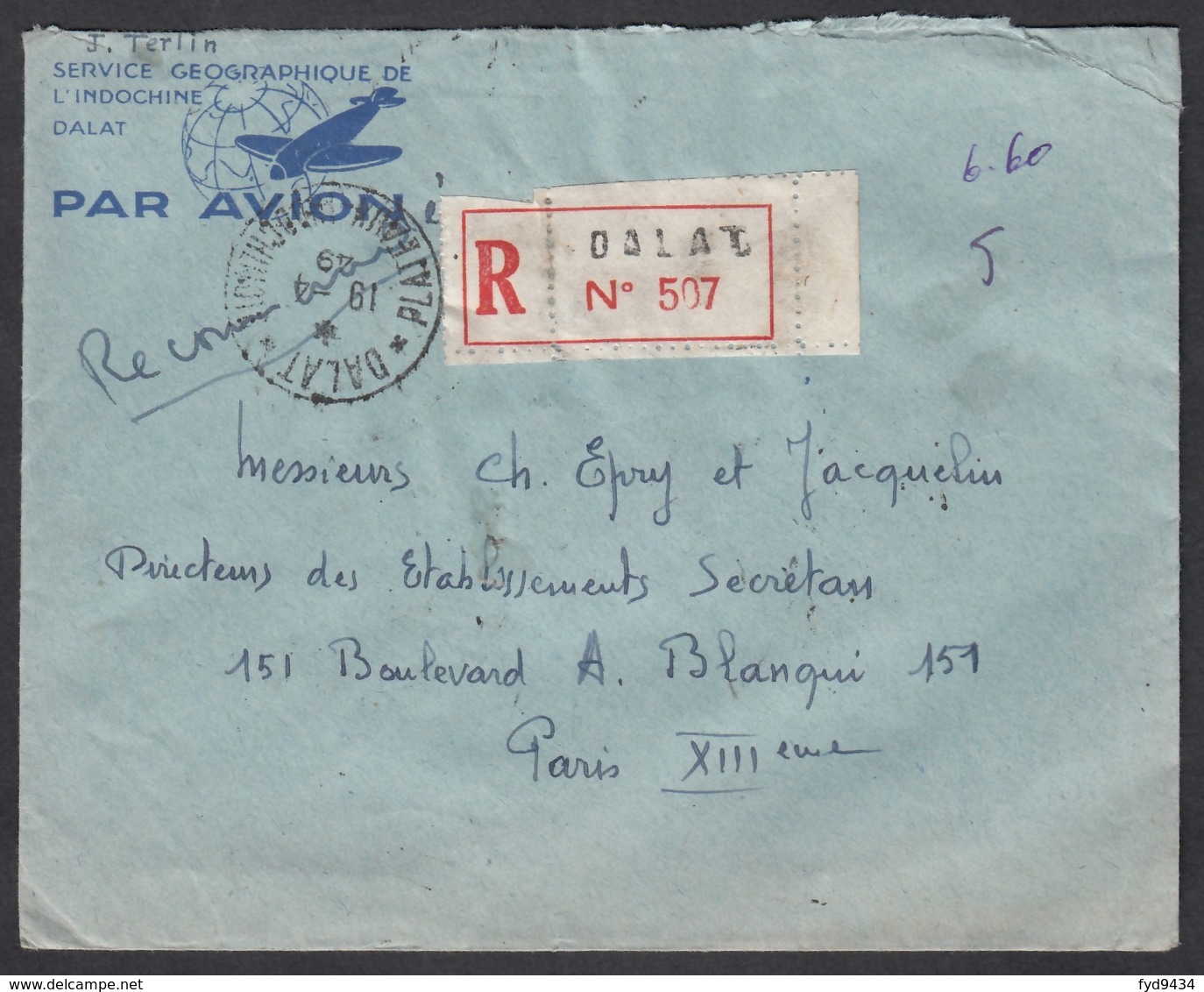 N° 163 X 3 + PA N° 12 X 3 Sur LR Oblit. CAD " Dalat 19/04 49 Plateau Indochinois " Pour Paris ( Affranchissement Verso ) - Lettres & Documents