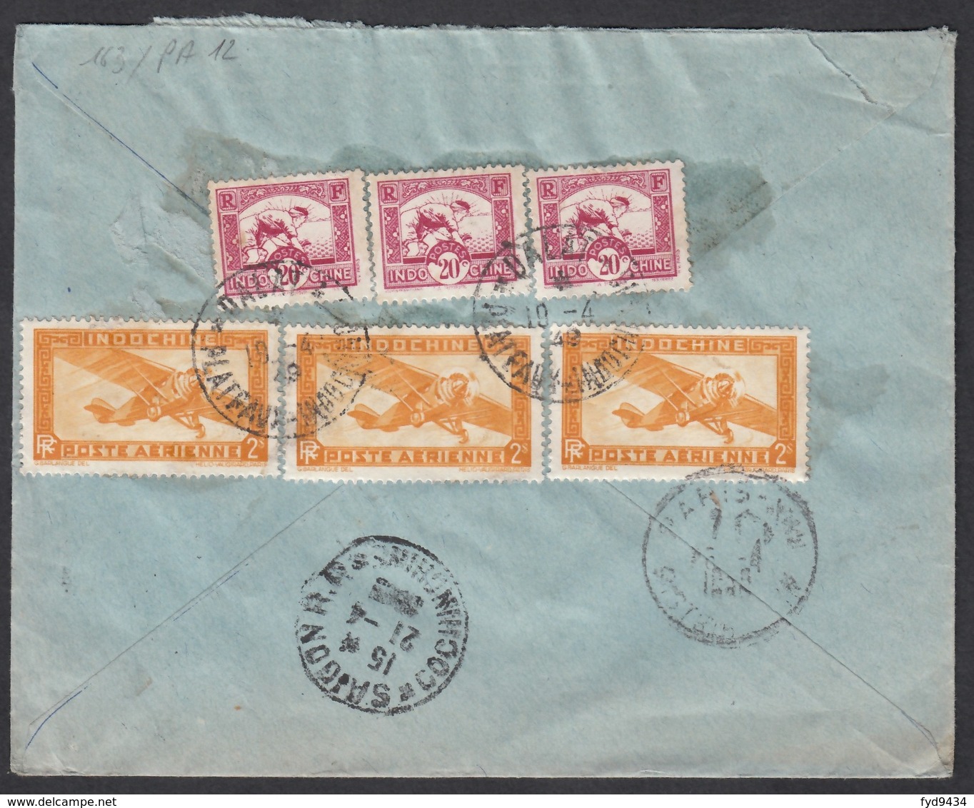 N° 163 X 3 + PA N° 12 X 3 Sur LR Oblit. CAD " Dalat 19/04 49 Plateau Indochinois " Pour Paris ( Affranchissement Verso ) - Lettres & Documents