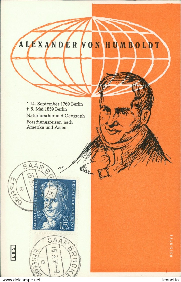 Maximumkarte Saarland 1959, Alexander Freiherr Von Humboldt, Michel 448, Stempel Buchstabe Buchstabe " E " (117) - FDC