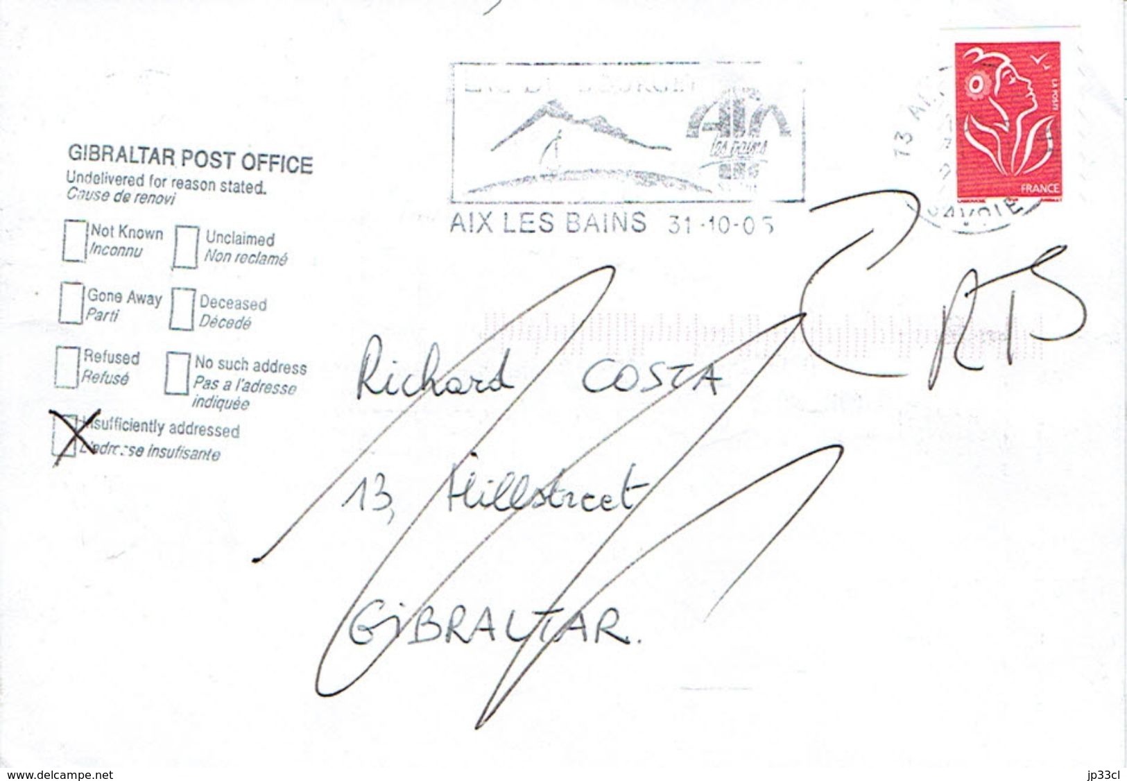 Lettre D'Aix-les-Bains Vers Gibraltar + Cachet Gibraltar Post Office Undelivered Insufficiently Addressed 31/10/2005 - Gibraltar