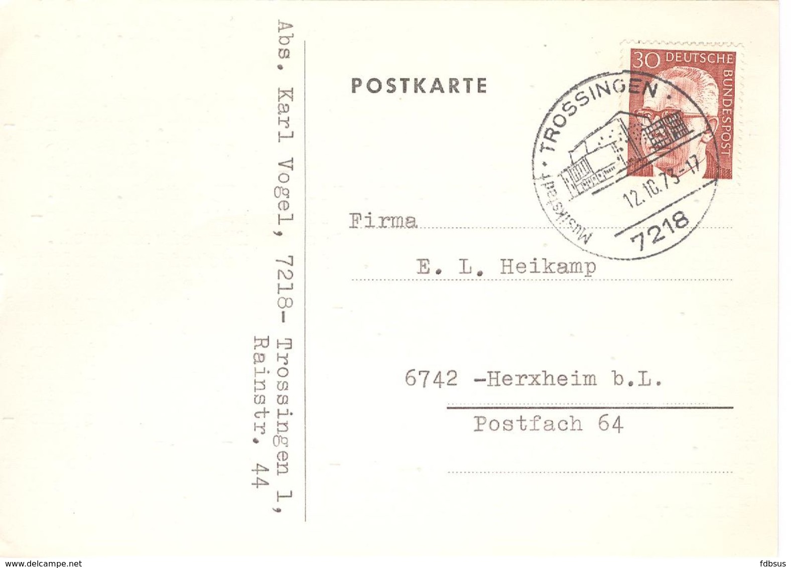 1973 Mi Nr 638 ( Gustav Heinemann ) Auf  Postkarte Gelaufen 7218 Trossingen -  Mit Sonderstempel Musikstadt - Postales Privados - Usados