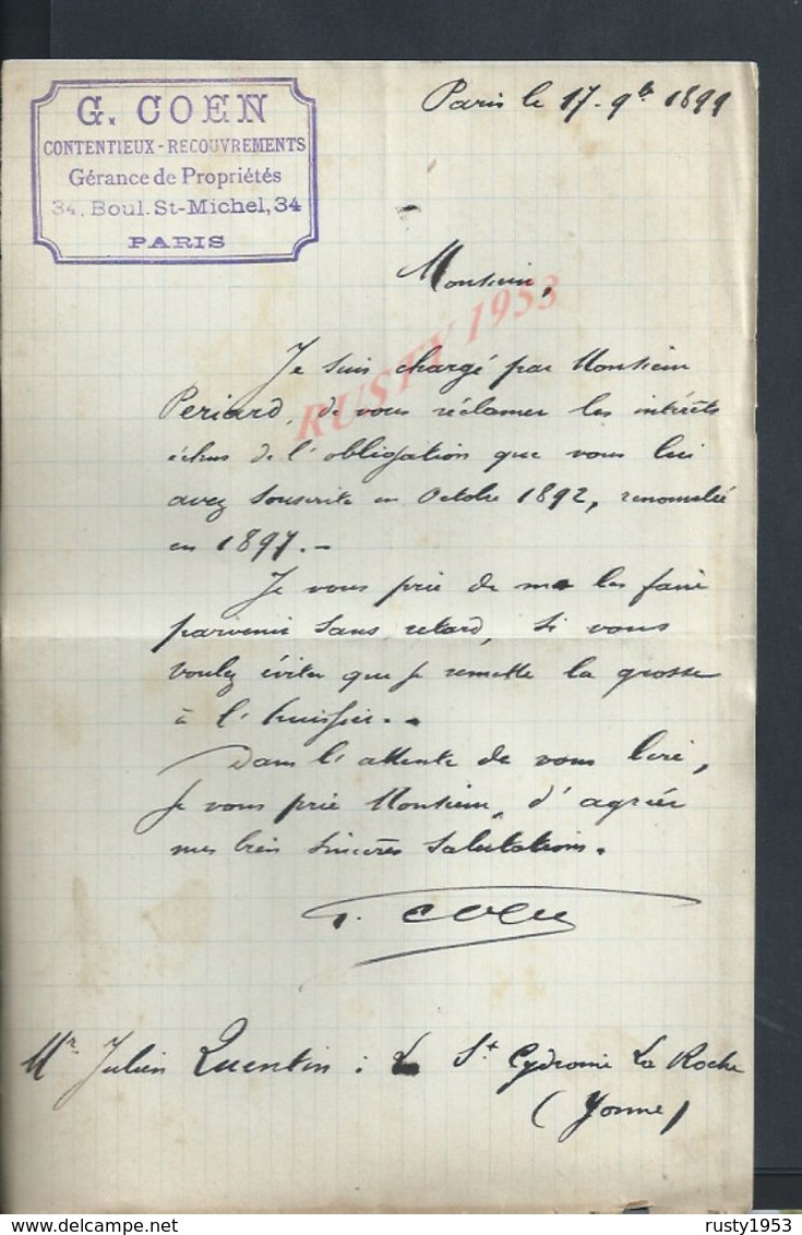 LETTRE DE 1899 ECRITE DE PARIS Boul SAINT MICHEL DE G GOEN GÉRANCE DE PROPRIÉTÉS  : - Manuscrits