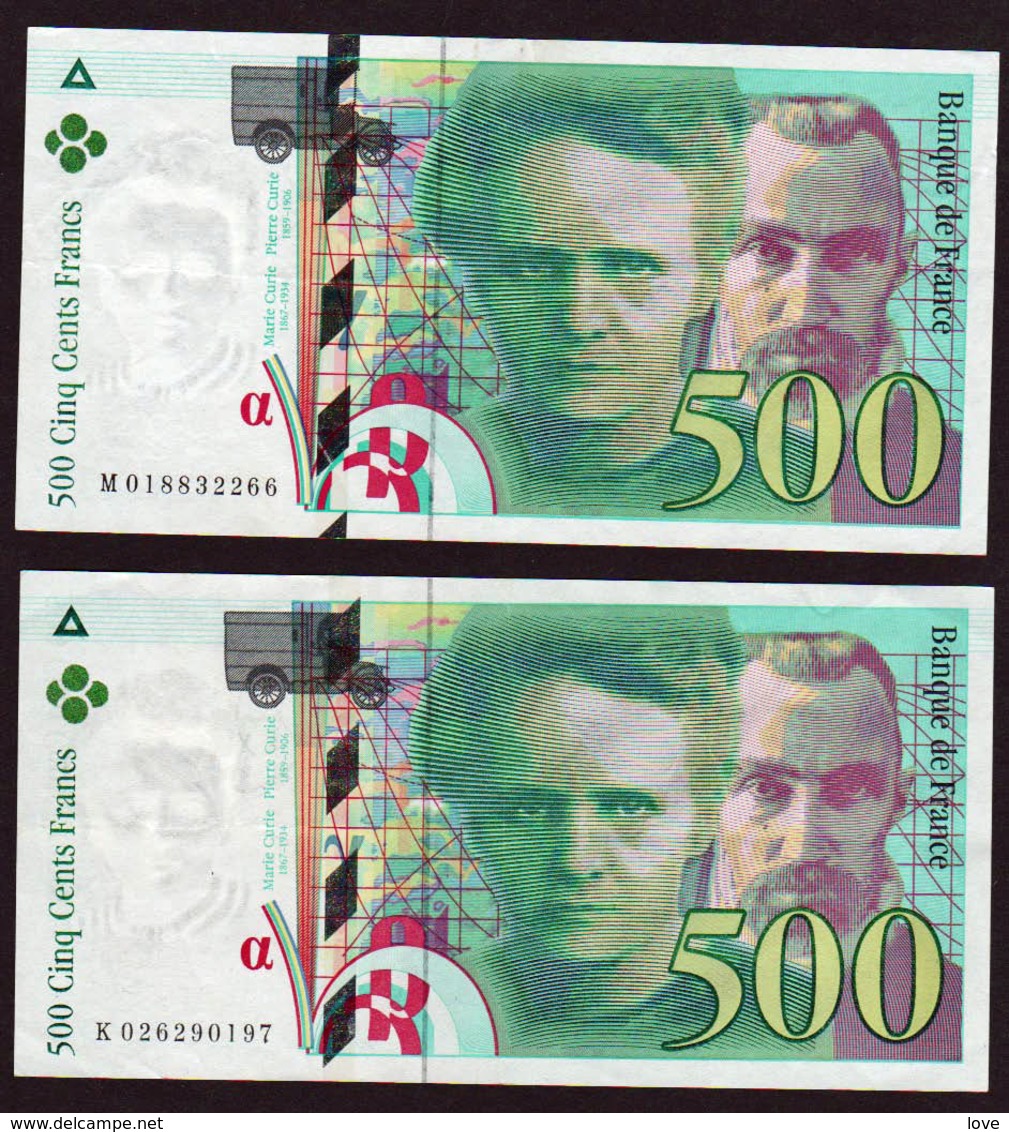 FRANCE: 500F Pierre Et Marie Curie: Lot De 2 Billets N°76- 1. Date 1994 - 500 F 1994-2000 ''Pierre En Marie Curie''