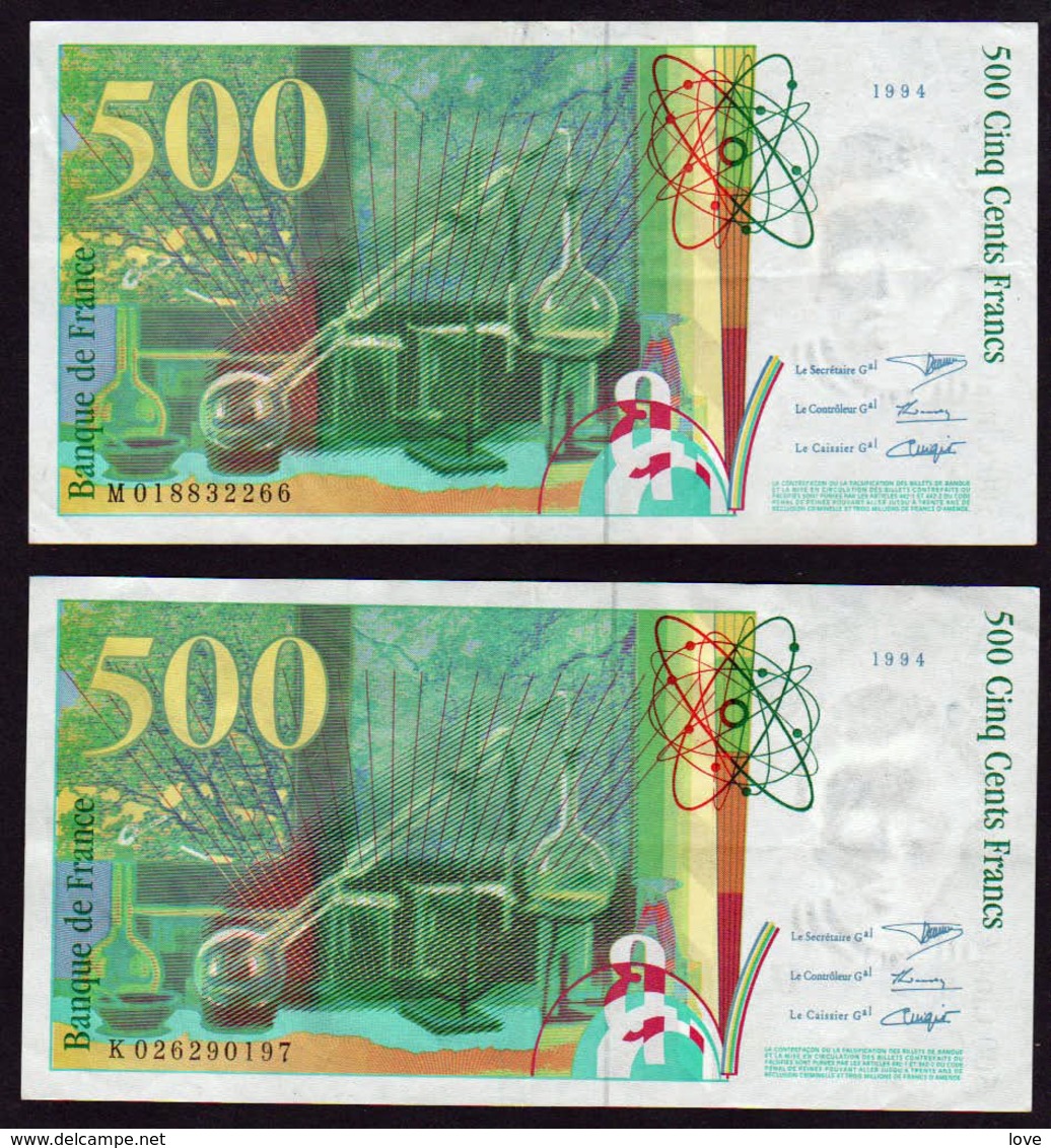 FRANCE: 500F Pierre Et Marie Curie: Lot De 2 Billets N°76- 1. Date 1994 - 500 F 1994-2000 ''Pierre Et Marie Curie''