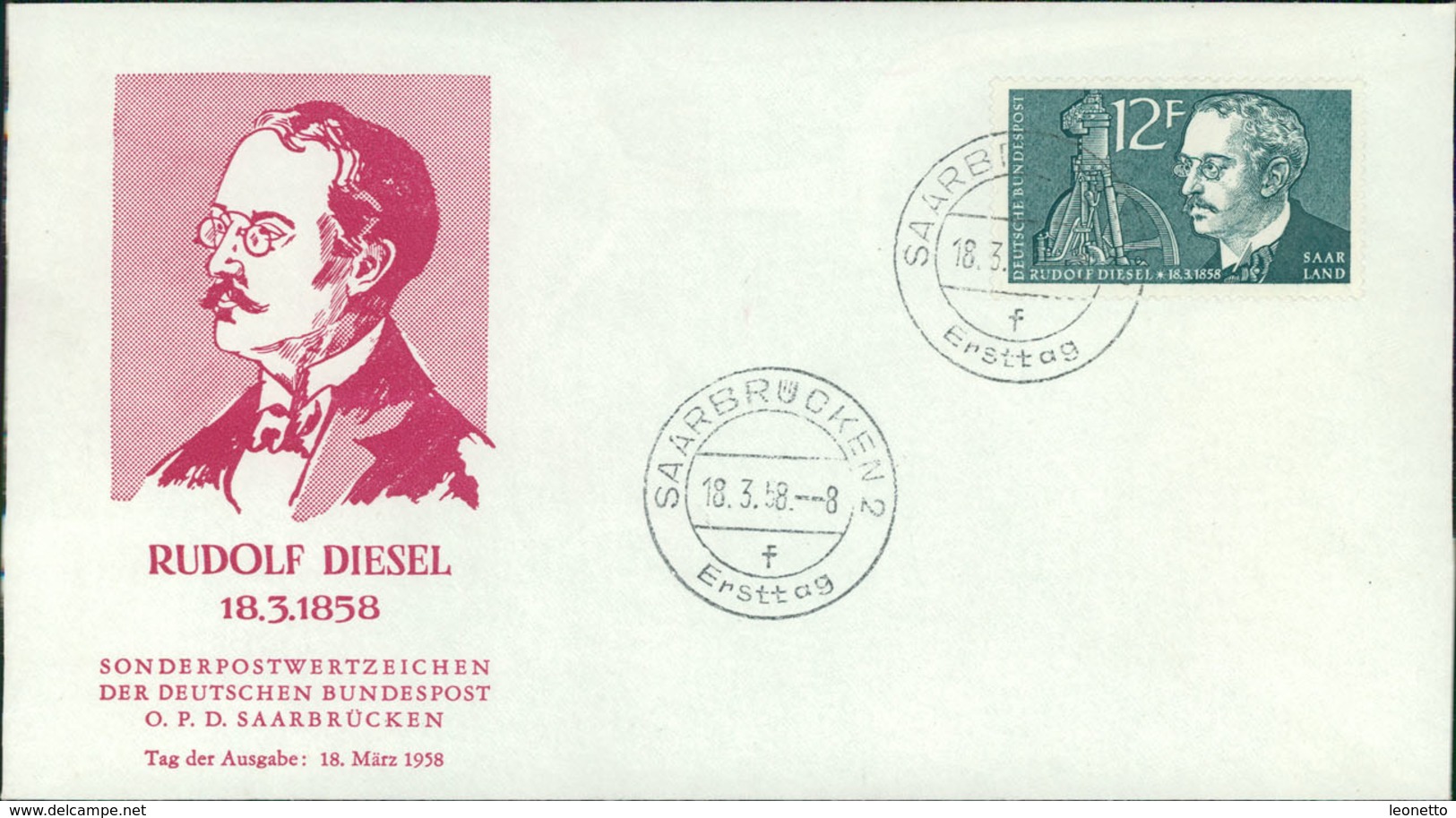 FDC Saarland 1958, Rudolf Diesel, Michel 432, Stempel Buchstabe " F " (203) - FDC