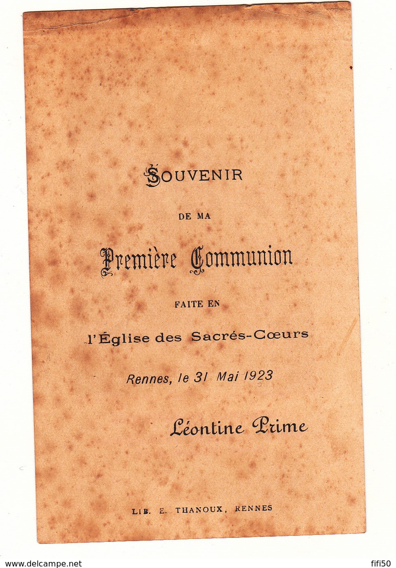 IMAGE PIEUSE ANNONCANT LA COMMUNION DE LEONTINE PRIME Le 31 Mai 1923 à Rennes - Communion