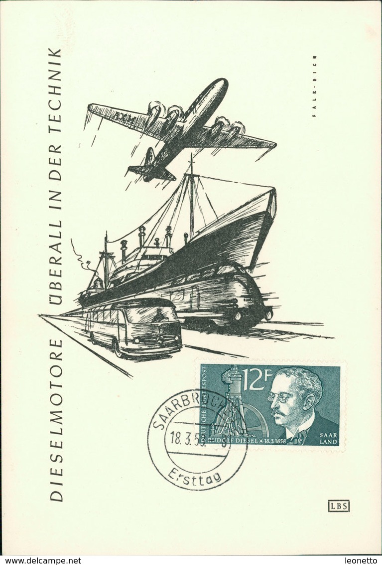 Maximumkarte Saarland 1958, Rudolf Diesel, Michel 432, Stempel Ohne Buchstabe (210) - FDC