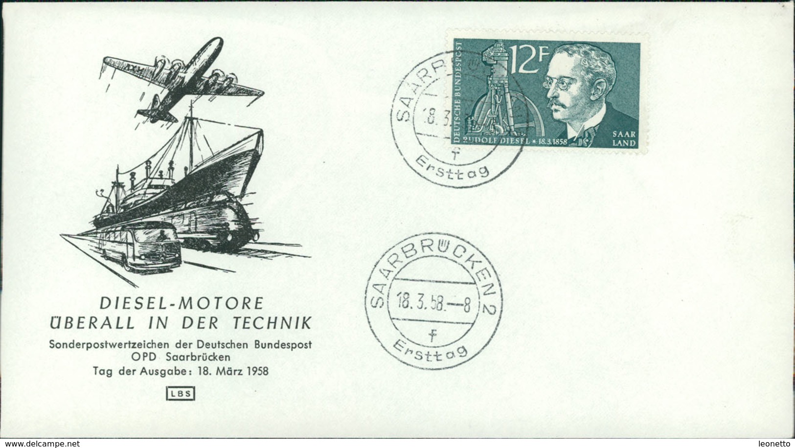 FDC Saarland 1958, Rudolf Diesel, Michel 432, Stempel Buchstabe " F " (212) - FDC