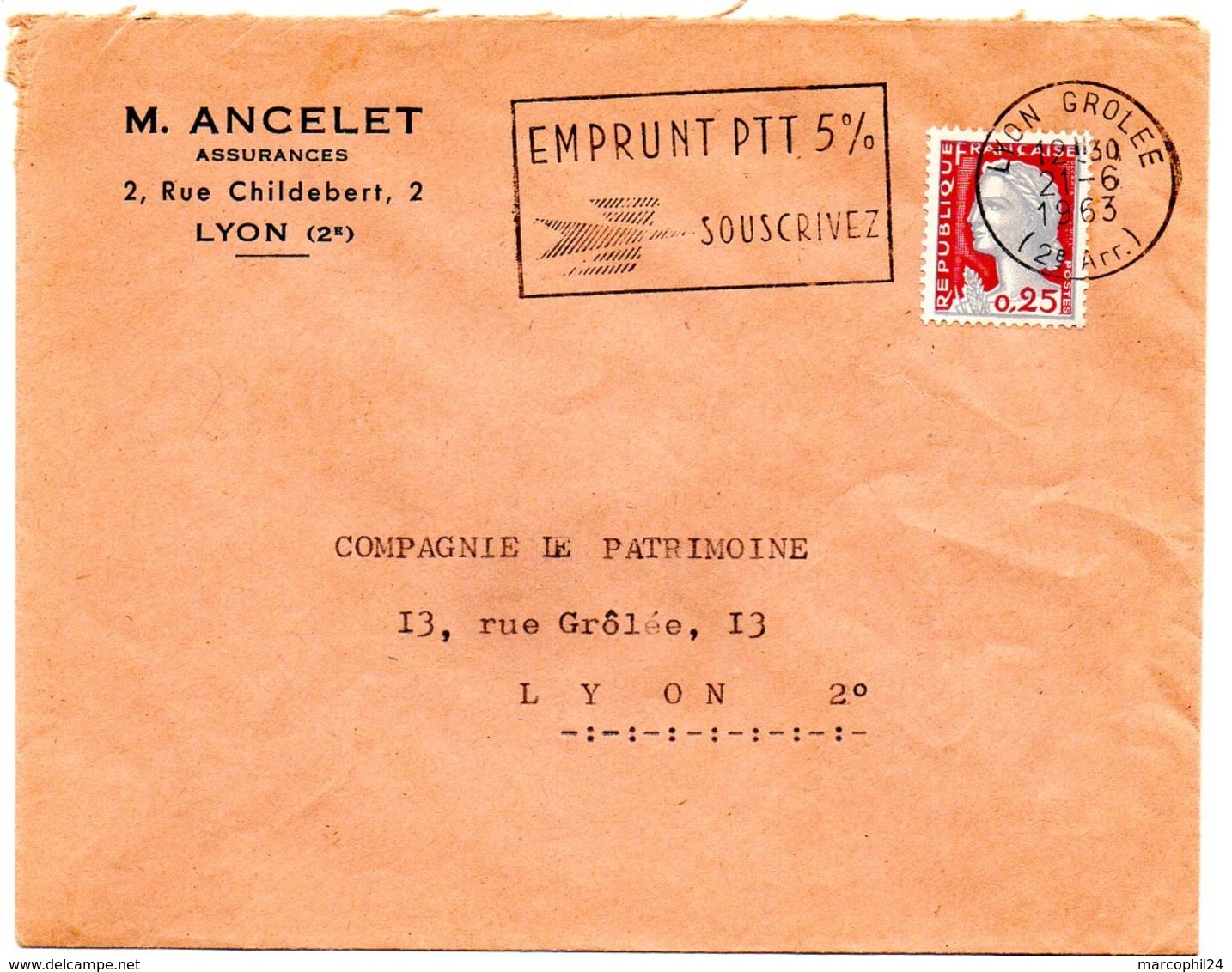 RHONE - Dépt N° 69 = LYON GROLÉE (2e ARR) 1963 =  FLAMME SECAP  ' EMPRUNT PTT 5% / SOUSCRIVEZ ' - Mechanical Postmarks (Advertisement)