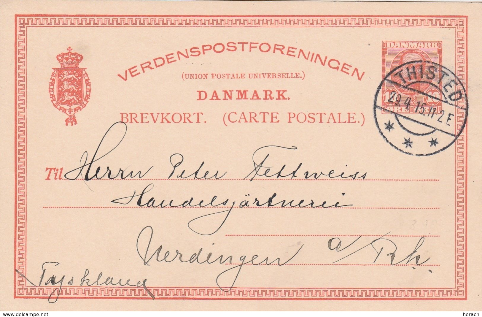 Danemark Entier Postal Pour L'Allemagne 1915 - Postal Stationery