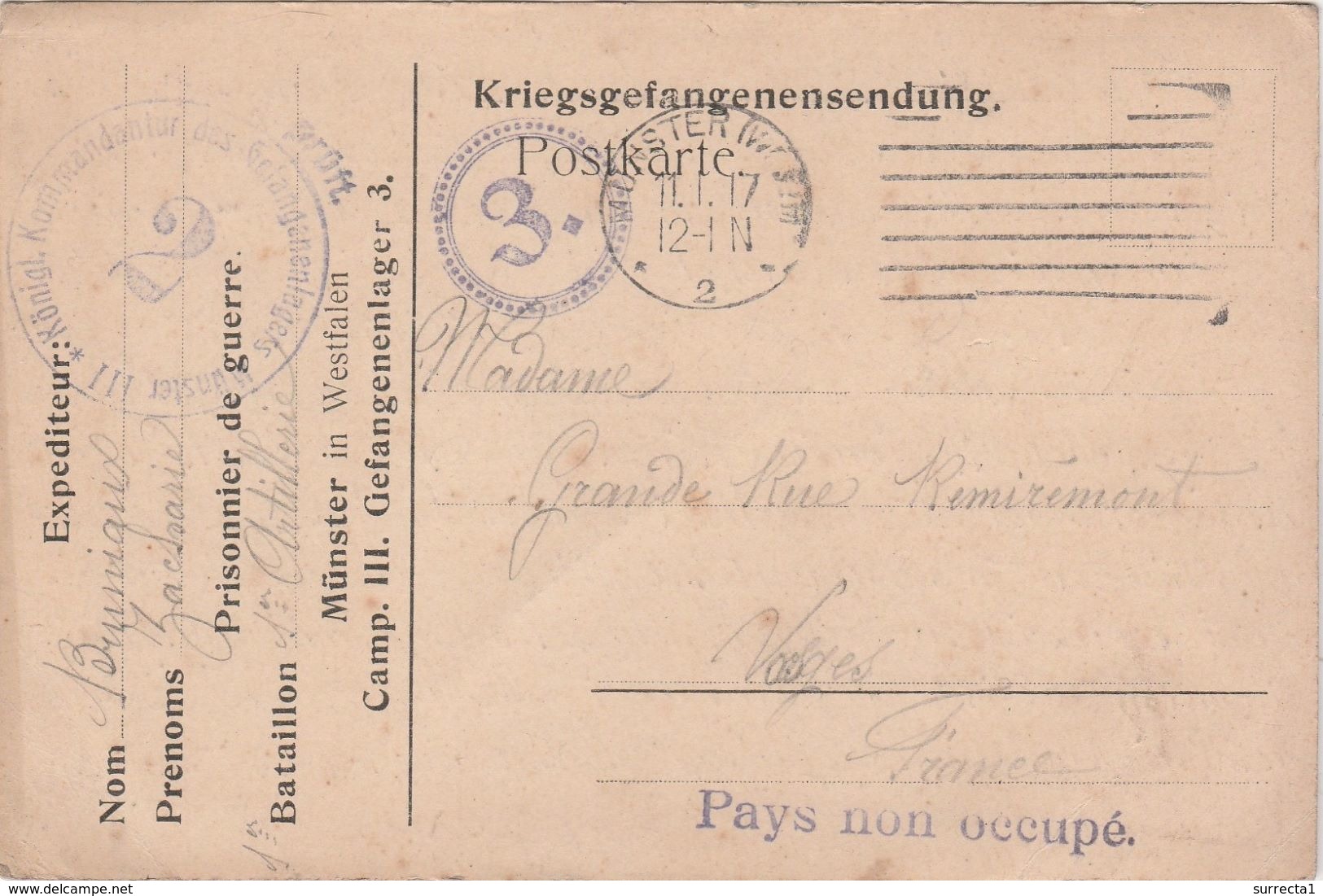 Carte Franchise Militaire / Flamme 1916 / Munster In Wetsfalen / Allemagne / Prisonnier / Kommandantur / Pays Non Occupé - 1914-18