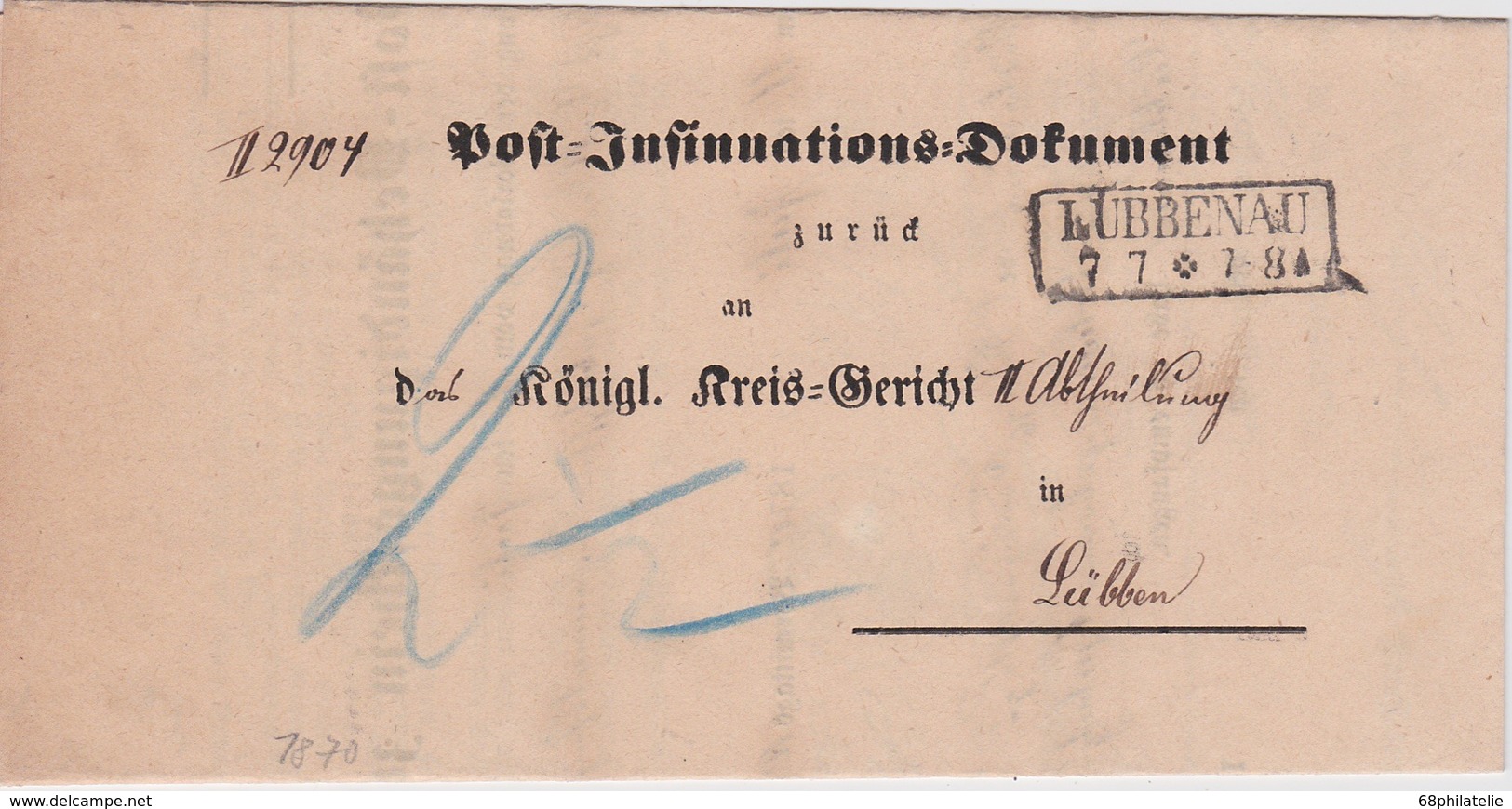 PREUSSEN  1870 POST INSINUATIONS DPKUMENT VON LÜBBENAU - Altri & Non Classificati