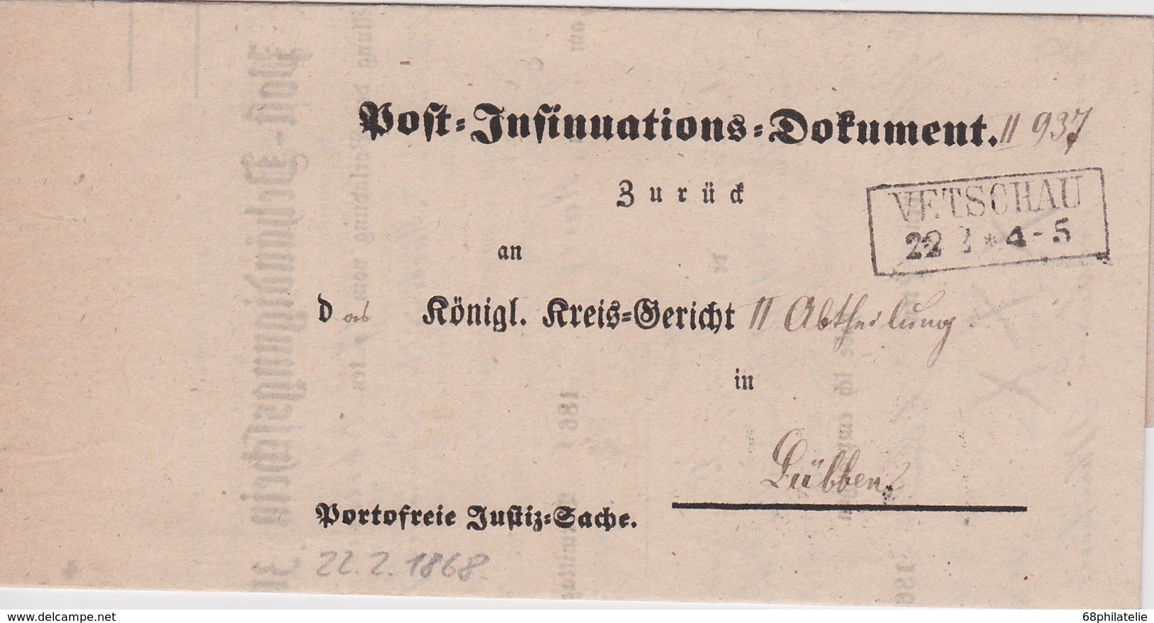 PREUSSEN  1868 POST INSINUATIONS DOKUMENT VON VETSCHAU - Autres & Non Classés