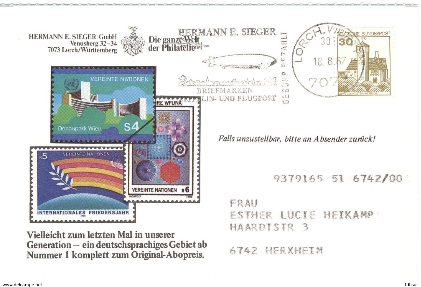1987 Mi Nr 914 Auf Decorative (Uno Wien) Karte 7073 Lorch/Wurtt 1 Mit Sonderstempel Zeppelin Flugpost - Gebuhr Bezahlt - - Privé Postkaarten - Gebruikt