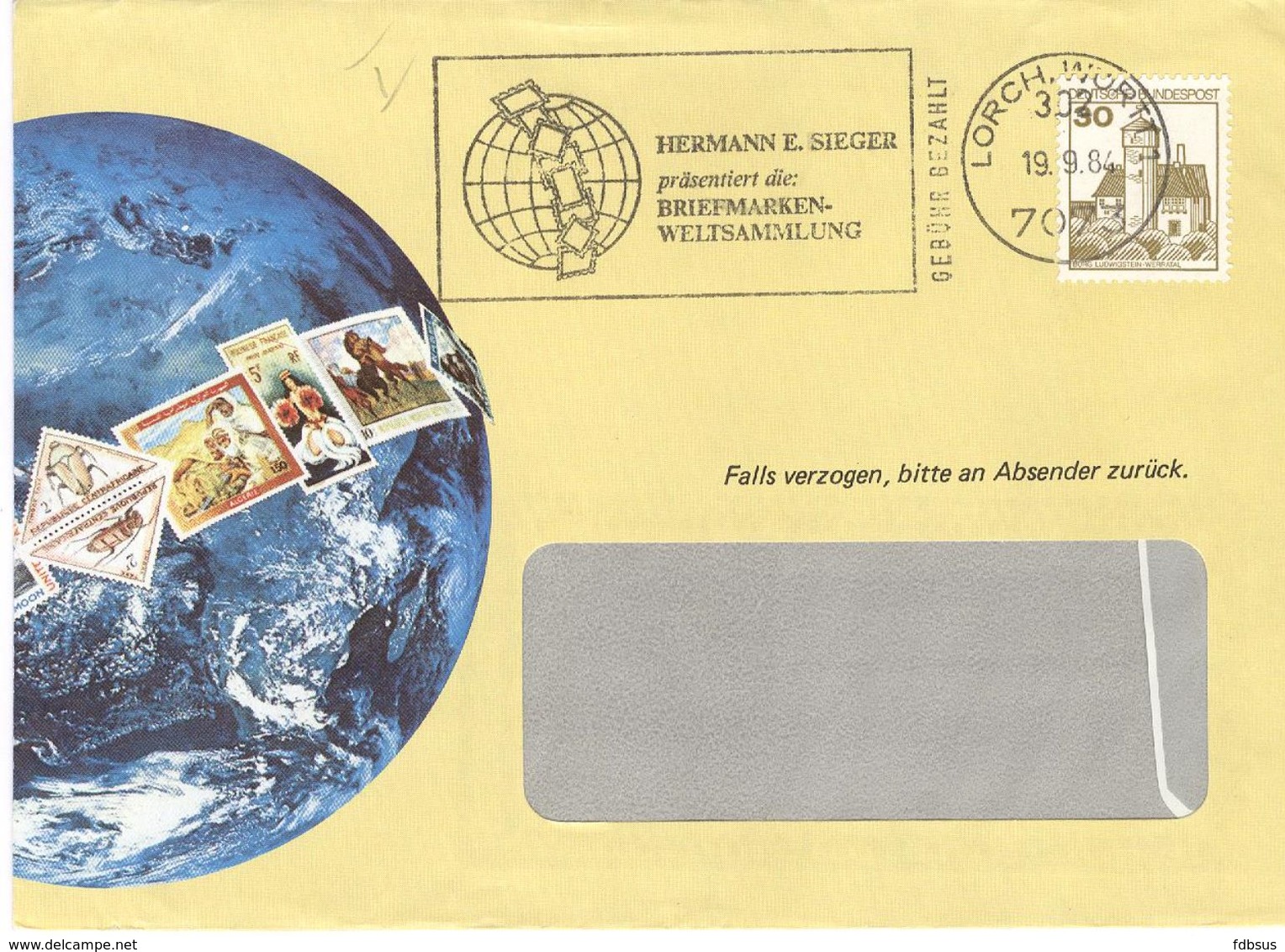 1984  Mi Nr 914 Auf Decorative Enveloppe 7073 Lorch/Wurtt 1 Mit  Sonderstempel Welt World Atlas - Gebuhr Bezahlt - Privatumschläge - Gebraucht