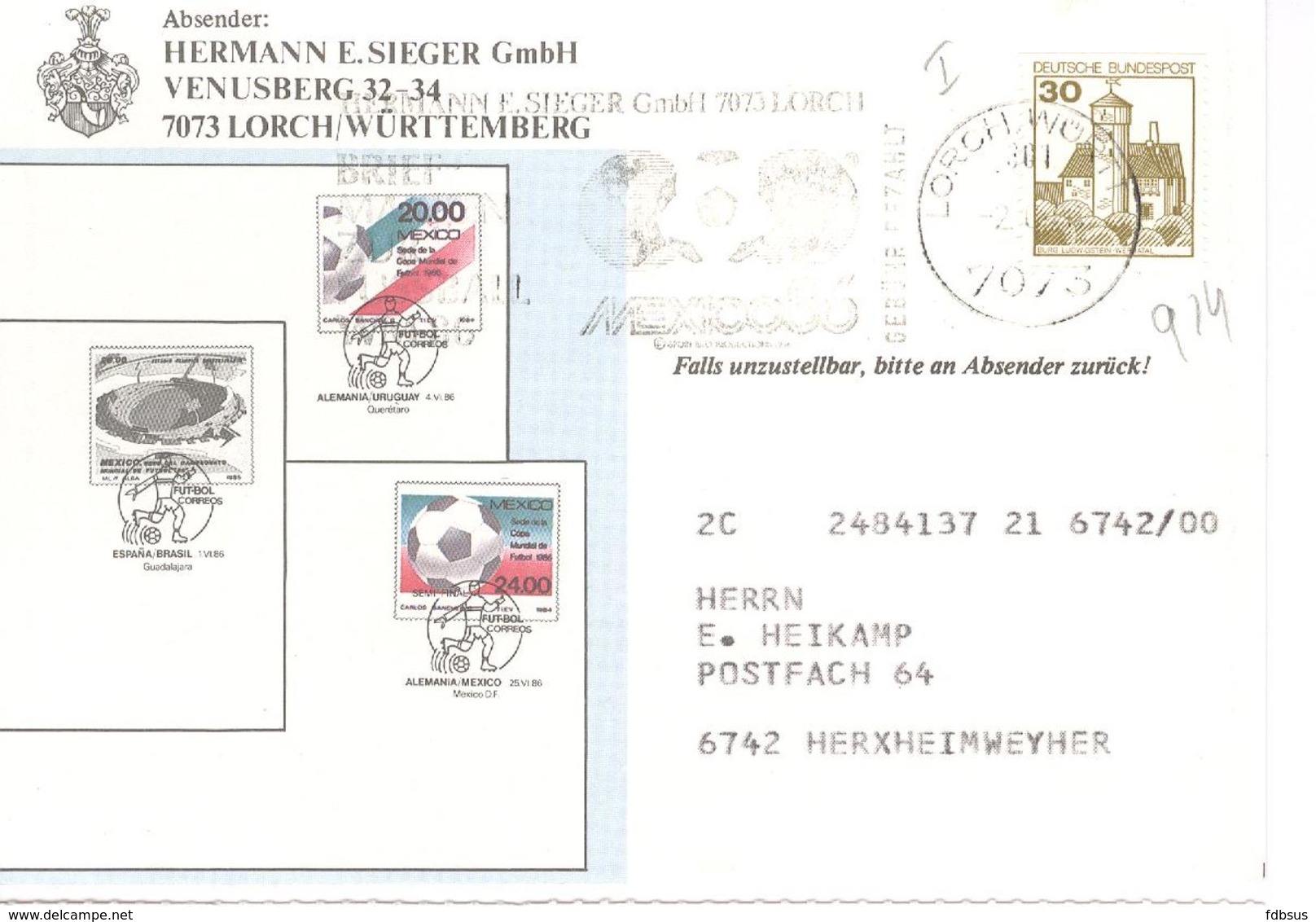 1986 Mi Nr 914 Auf Decorative Enveloppe 7073 Lorch/Wurtt 1 Mit Sonderstempel Mexico 86 Fussball Voetbal - Gebuhr Bezahlt - Cartes Postales Privées - Oblitérées