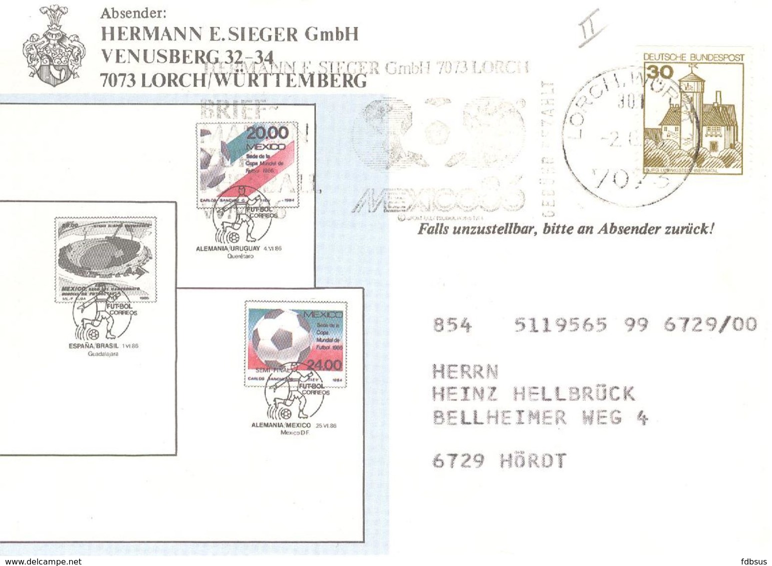 1986 Mi Nr 914 Auf Decorative Enveloppe 7073 Lorch/Wurtt 1 Mit Sonderstempel Mexico 86 Fussball Voetbal - Gebuhr Bezahlt - Privatpostkarten - Gebraucht