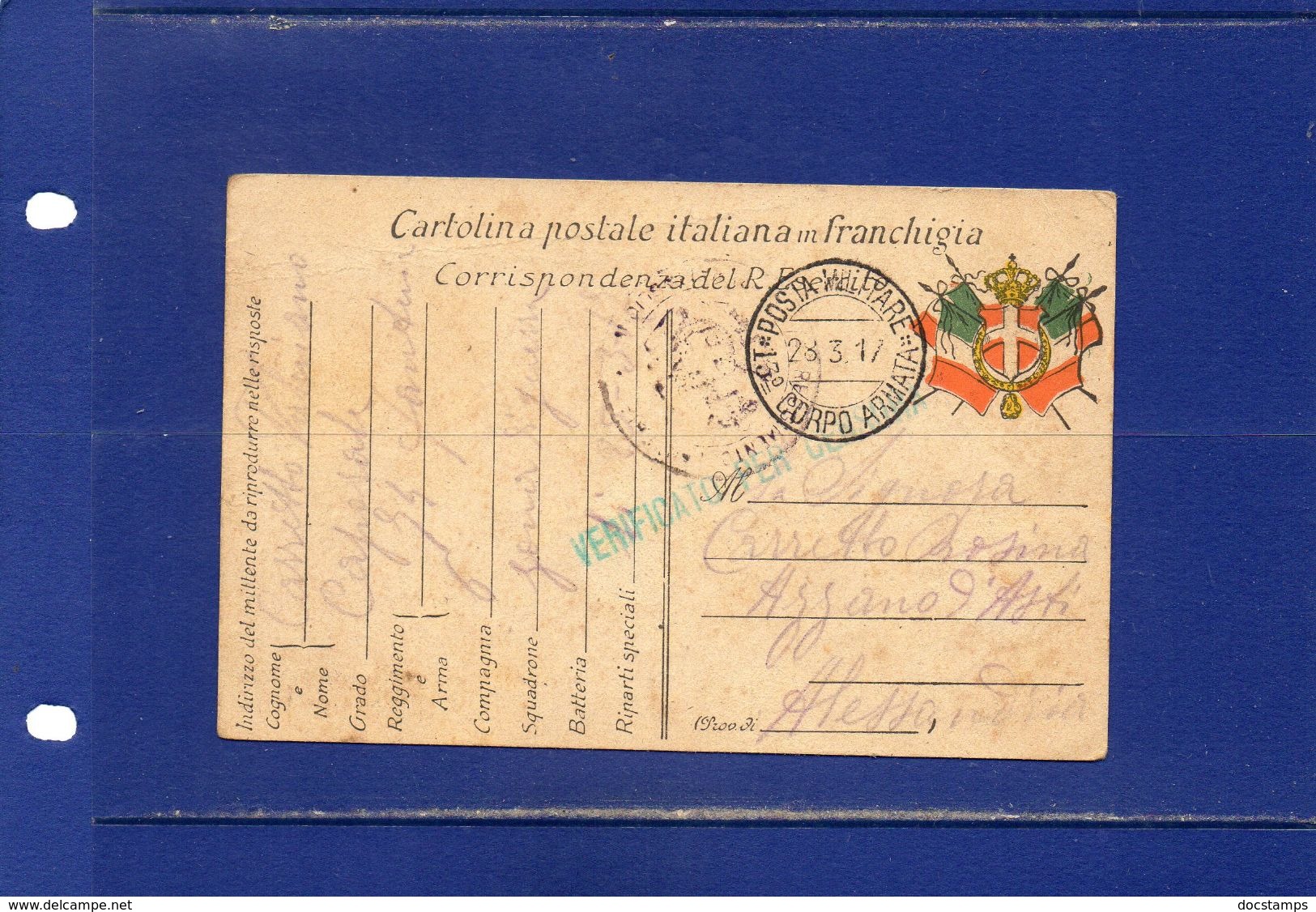 ##(DAN183)-1917-cartolina Postale In Franchigia Da 94°Reggimento Fanteria,annullo  13° Corpo D'Armata, Disegno Al Retro - Guerra 1914-18