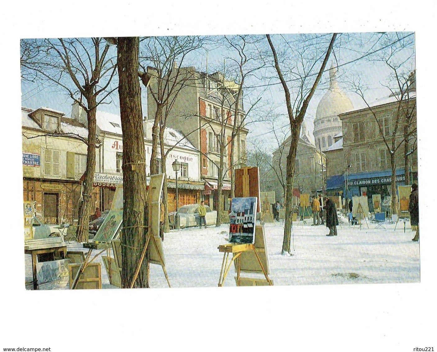 Grande Cpm - 75 - PARIS - La Place Du Tertre - Artiste Peintre Tableau Chevalet GREMILLET AU CLAIRON DES CHASSEURS Neige - Markten, Pleinen