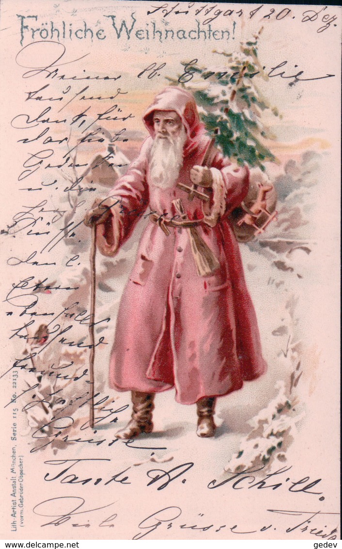 Fröhliche Weihnachten, Père Noël Et Sapin, Litho (22133) - Santa Claus