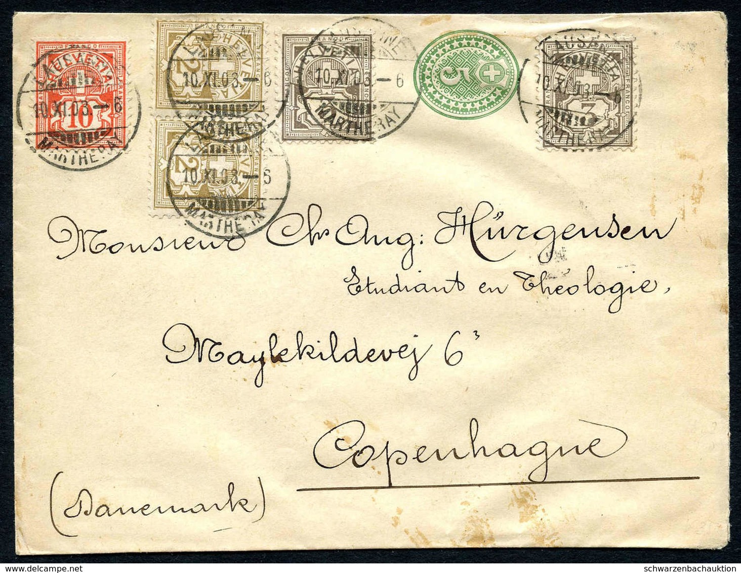 Beleg Aus Streifband 5Rp Grün Gefertigter Umschlag Mit Zusatzfrankatur 20Rp Ziffern Portogerecht Von LAUSANNE 1903 Nach  - Usati