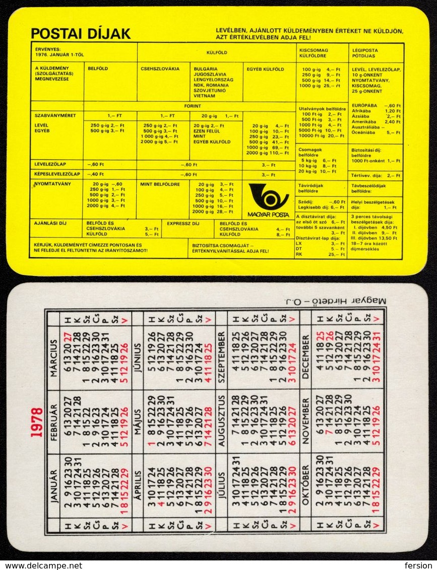 POSTAL POST Tariff Fee - Pocket Calendar - Hungary - 1978 - Petit Format : 1971-80